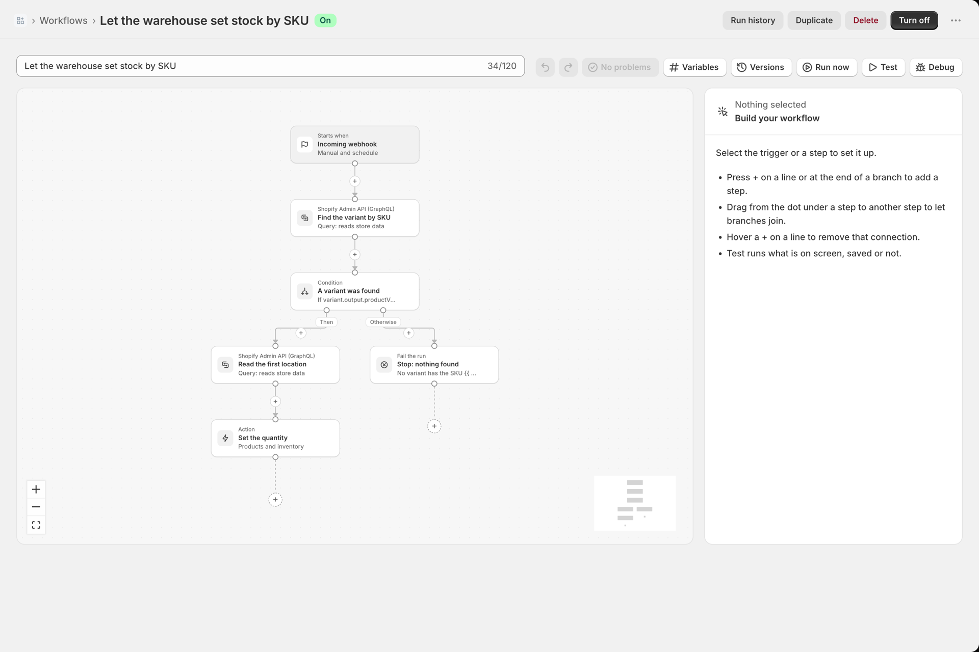 The canvas of Let the warehouse set stock by SKU: Incoming webhook, Find the variant by SKU, the condition A variant was found with Then and Otherwise, Read the first location and Set the quantity on Then, Stop: nothing found on Otherwise