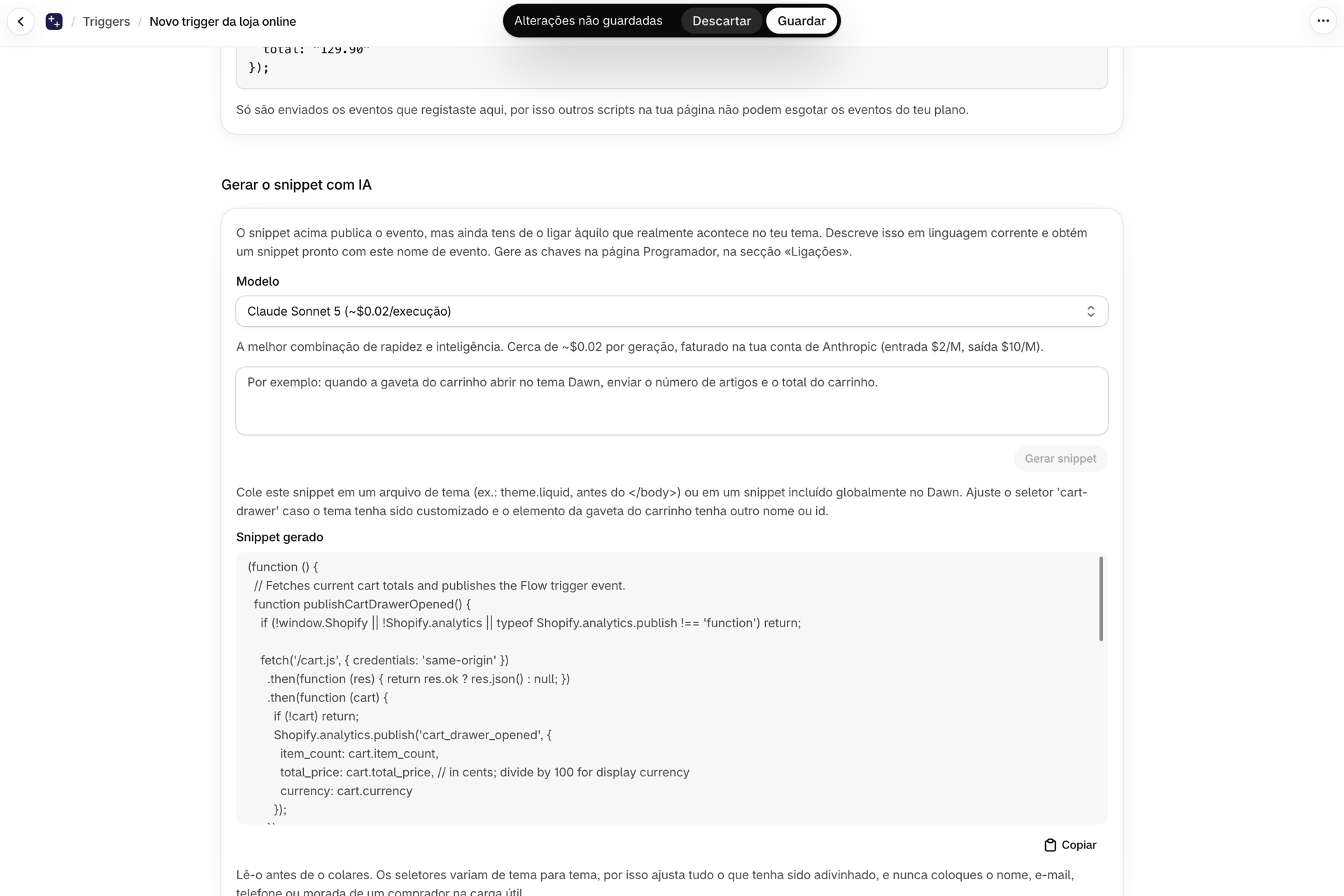 O cartão «Gerar o trecho com IA» de um gatilho da loja virtual, com um trecho gerado para a gaveta do carrinho Dawn e uma nota indicando onde o colar
