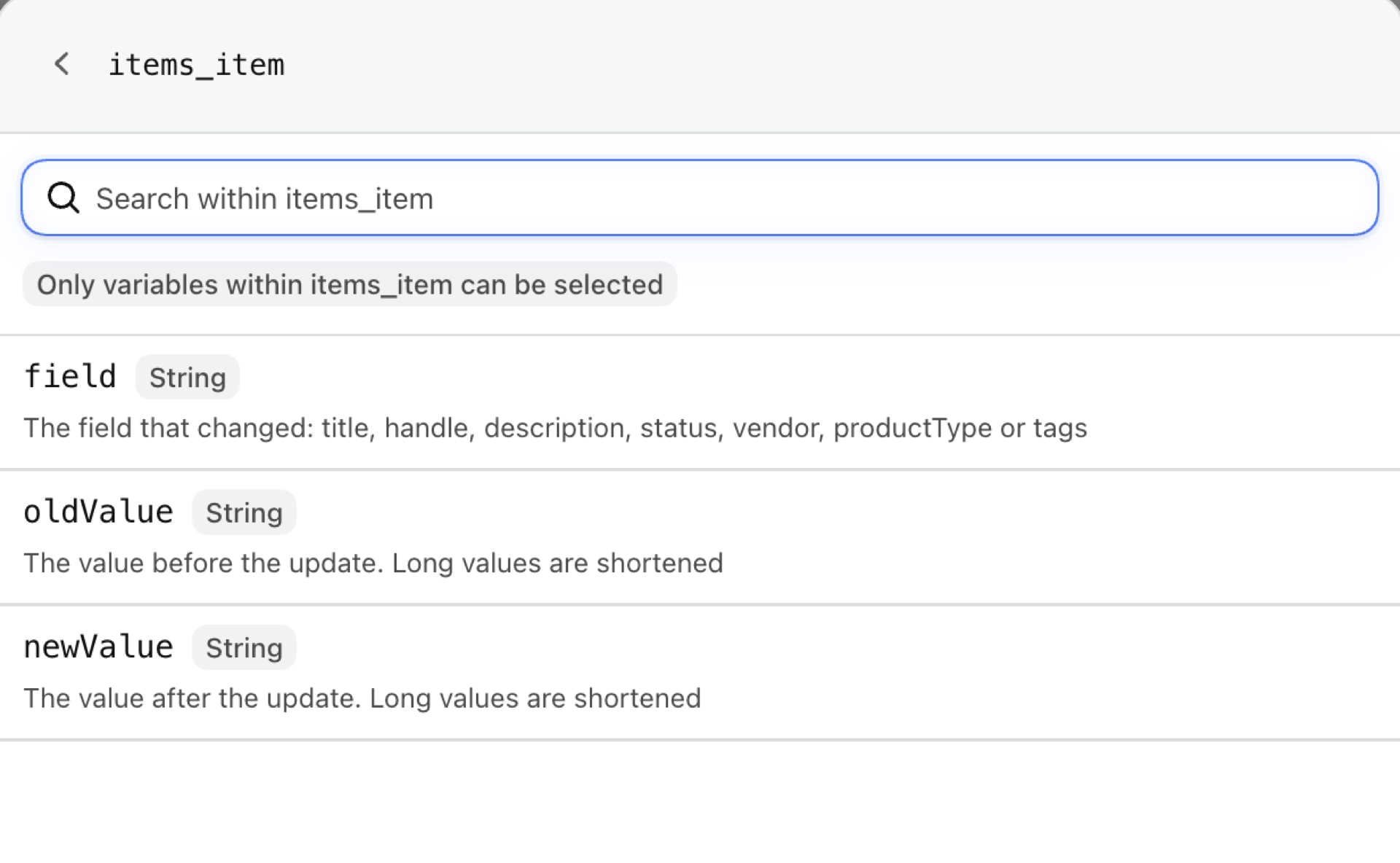 Flow's variable picker inside changes / items of Product Update, showing field, oldValue and newValue