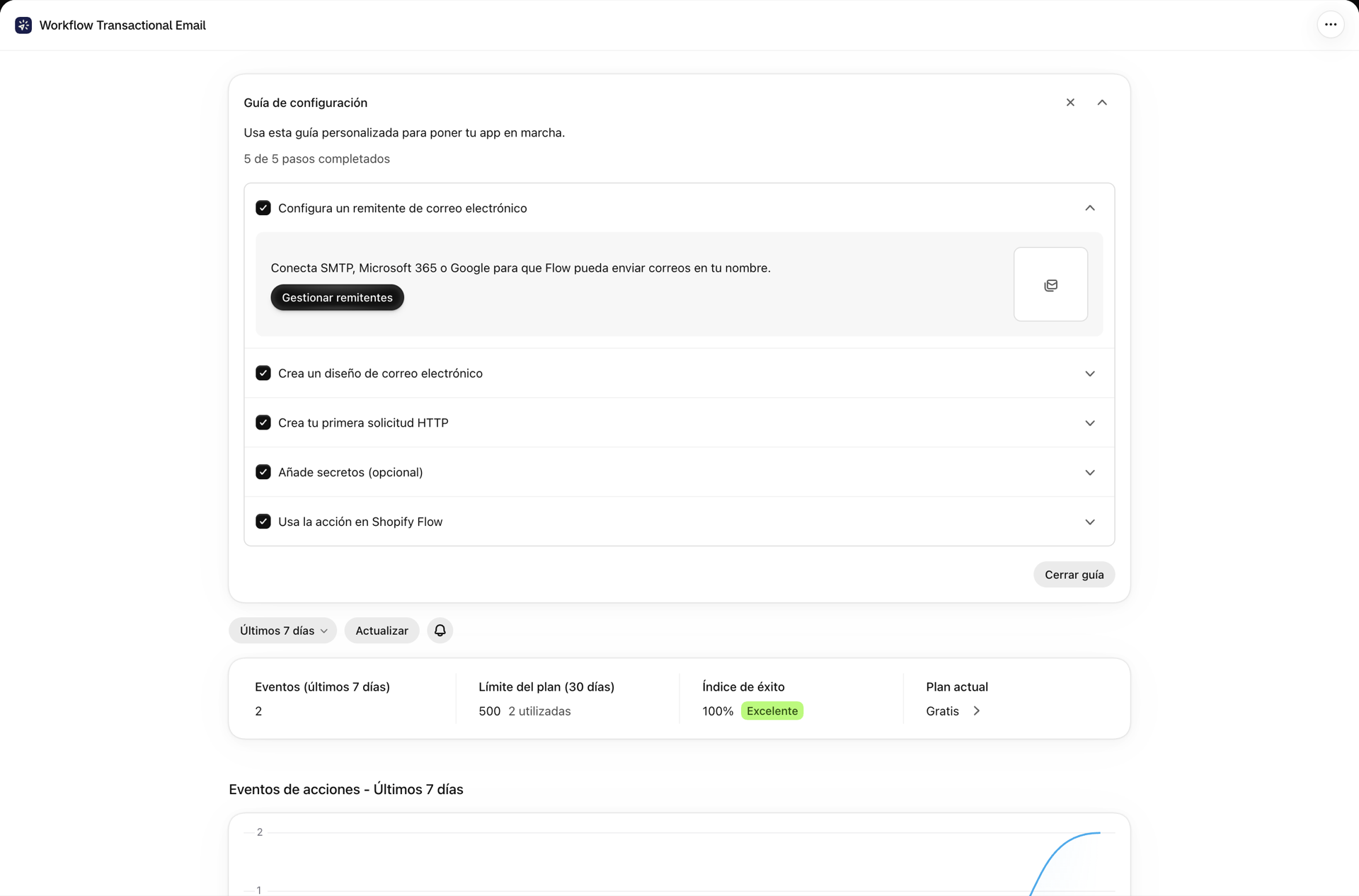 La página de inicio de la aplicación, con la guía de configuración y, debajo, los eventos, el uso del plan y la tasa de éxito