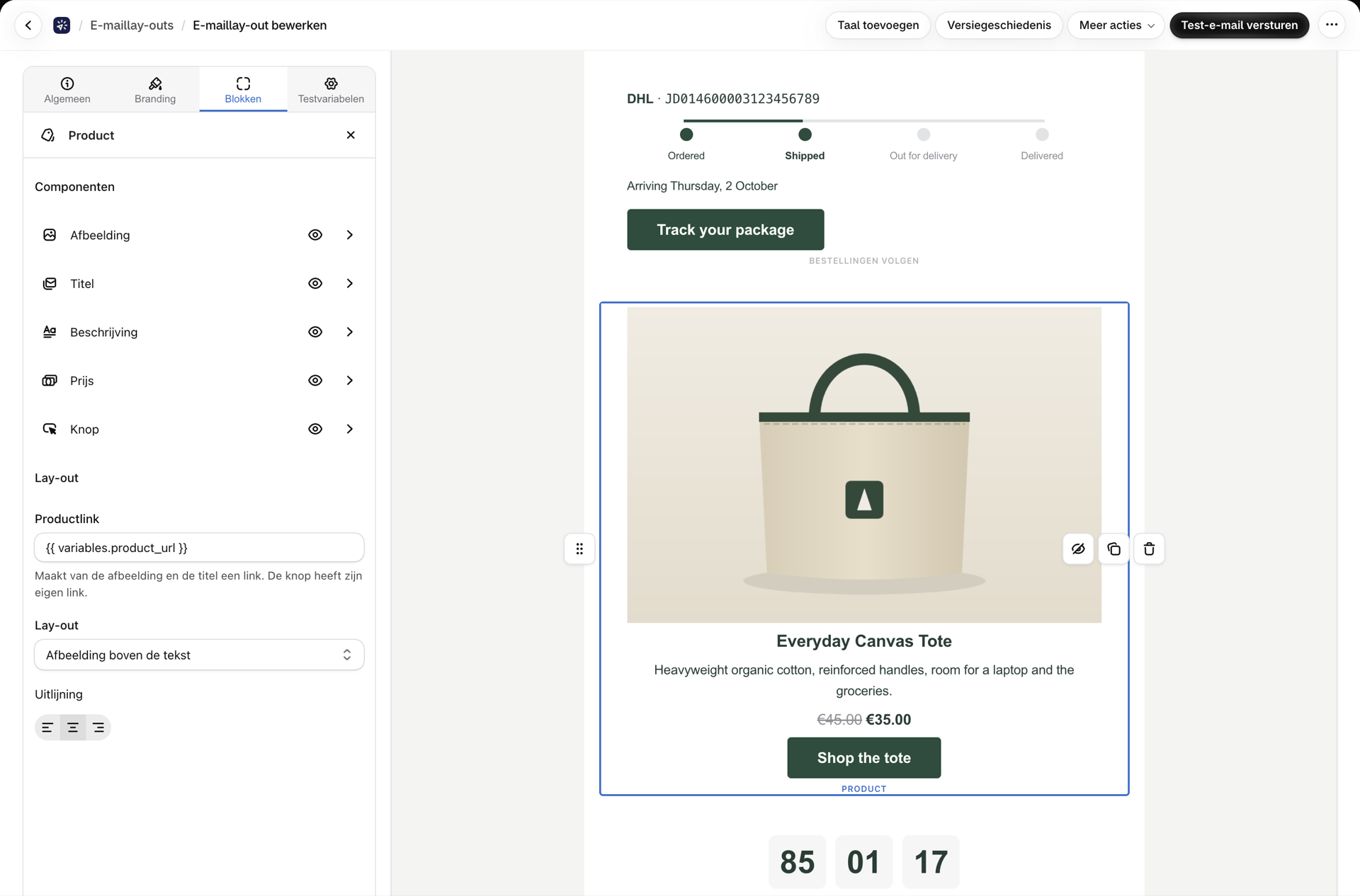 Het in de visuele builder geselecteerde productblok, met het instellingenpaneel waarin de onderdelen Afbeelding, Titel, Beschrijving, Prijs en Knop worden weergegeven, elk voorzien van een oogpictogram en een pijl