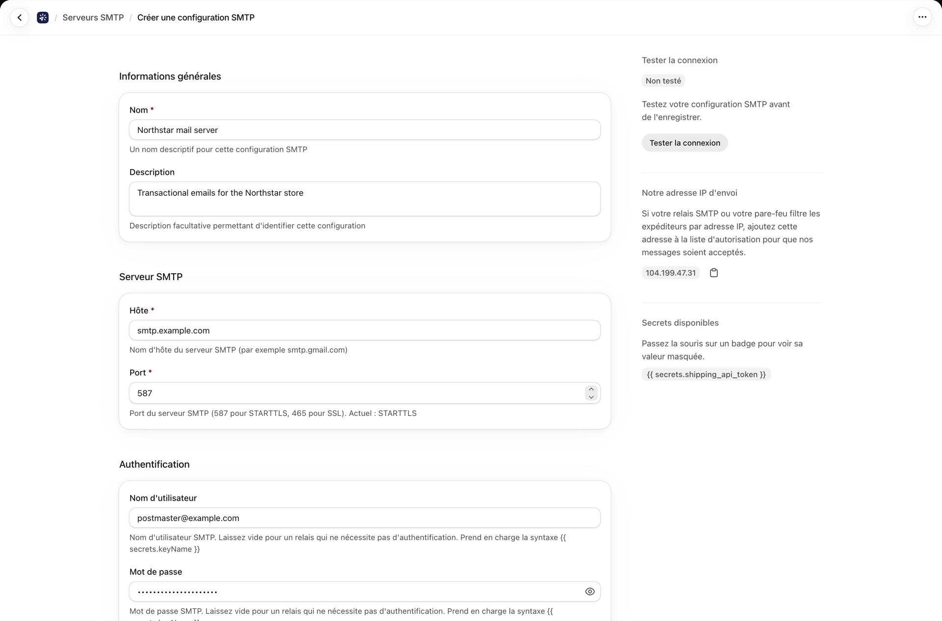 Le formulaire du serveur SMTP, dans lequel sont renseignés le nom, l'hôte et le port, à côté de la fiche indiquant notre adresse IP d'envoi