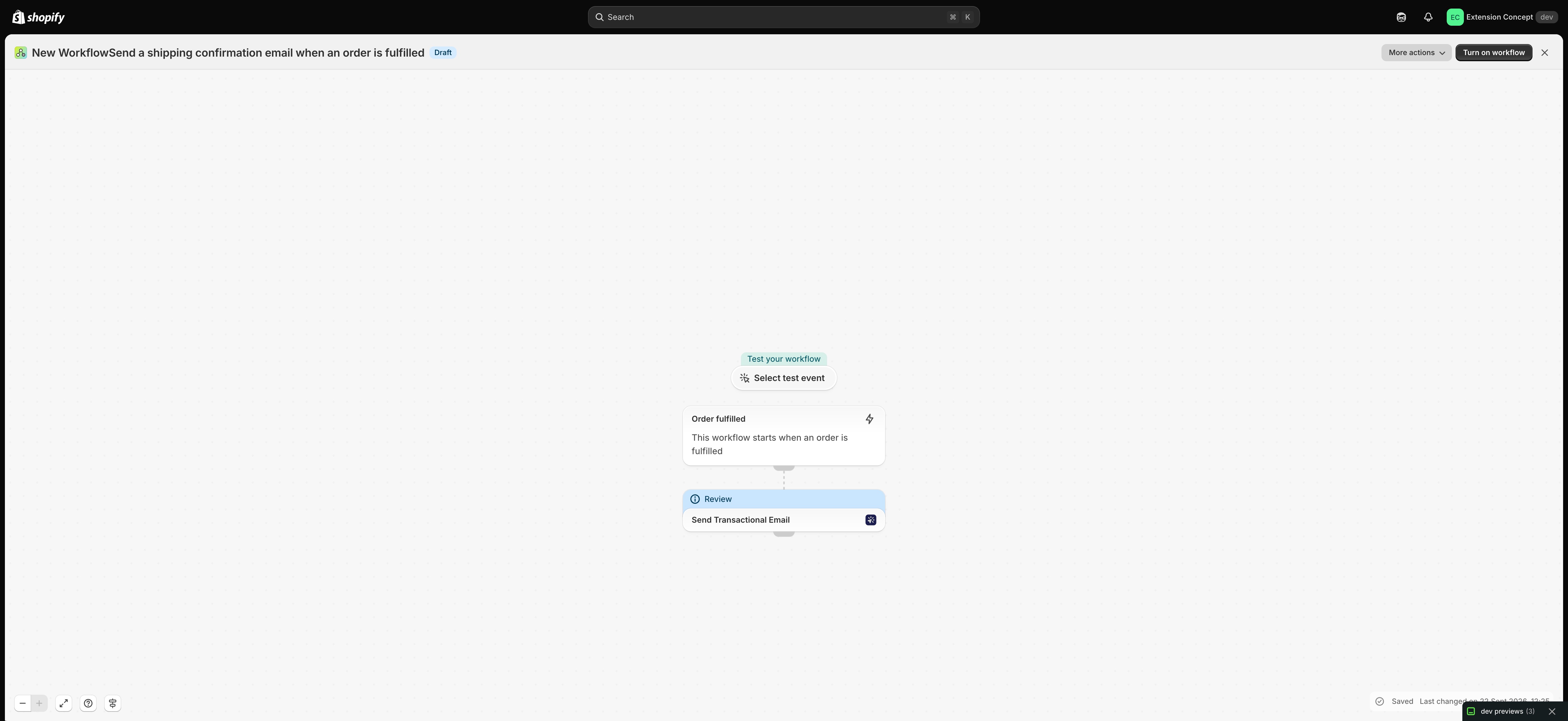 The workflow in Shopify Flow: Send a shipping confirmation email when an order is fulfilled