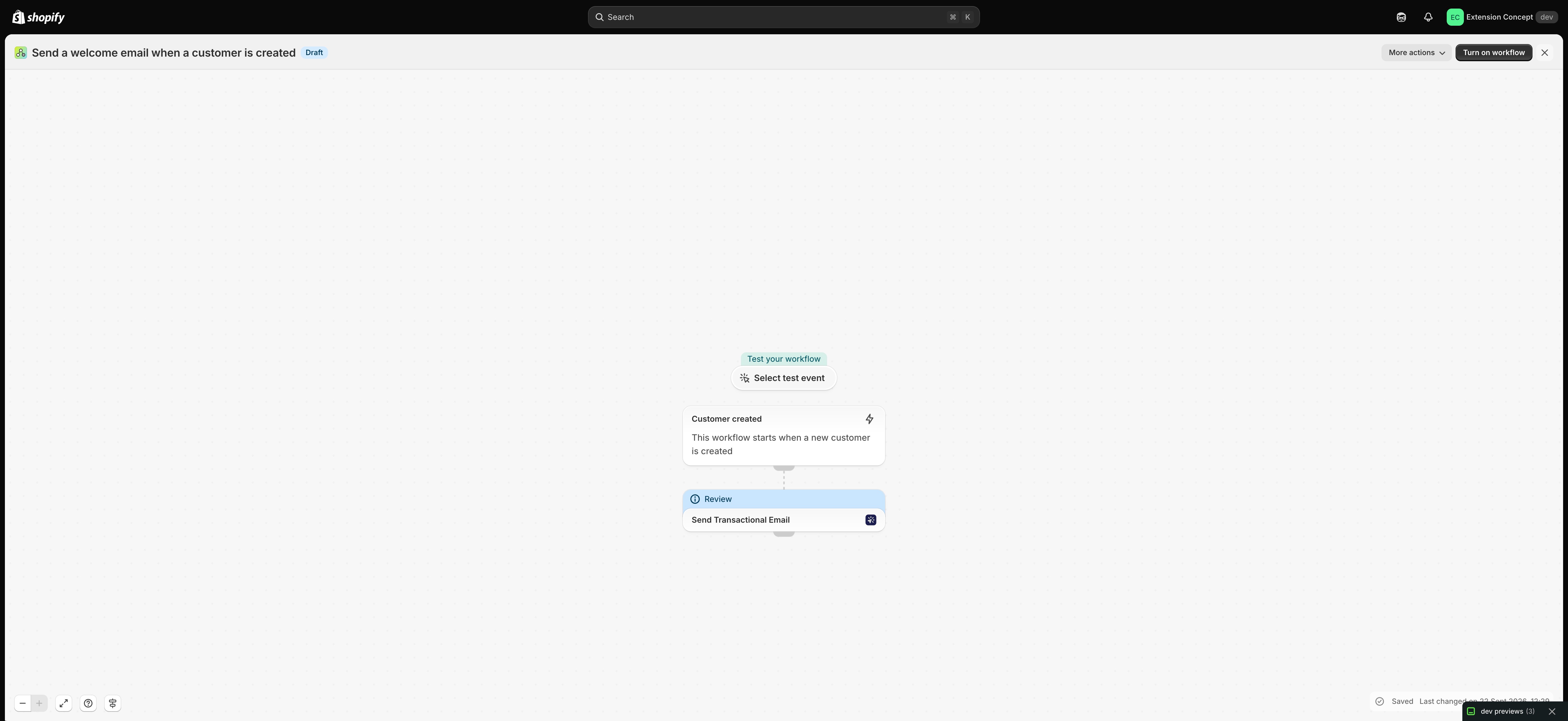 The workflow in Shopify Flow: Send a welcome email when a customer is created