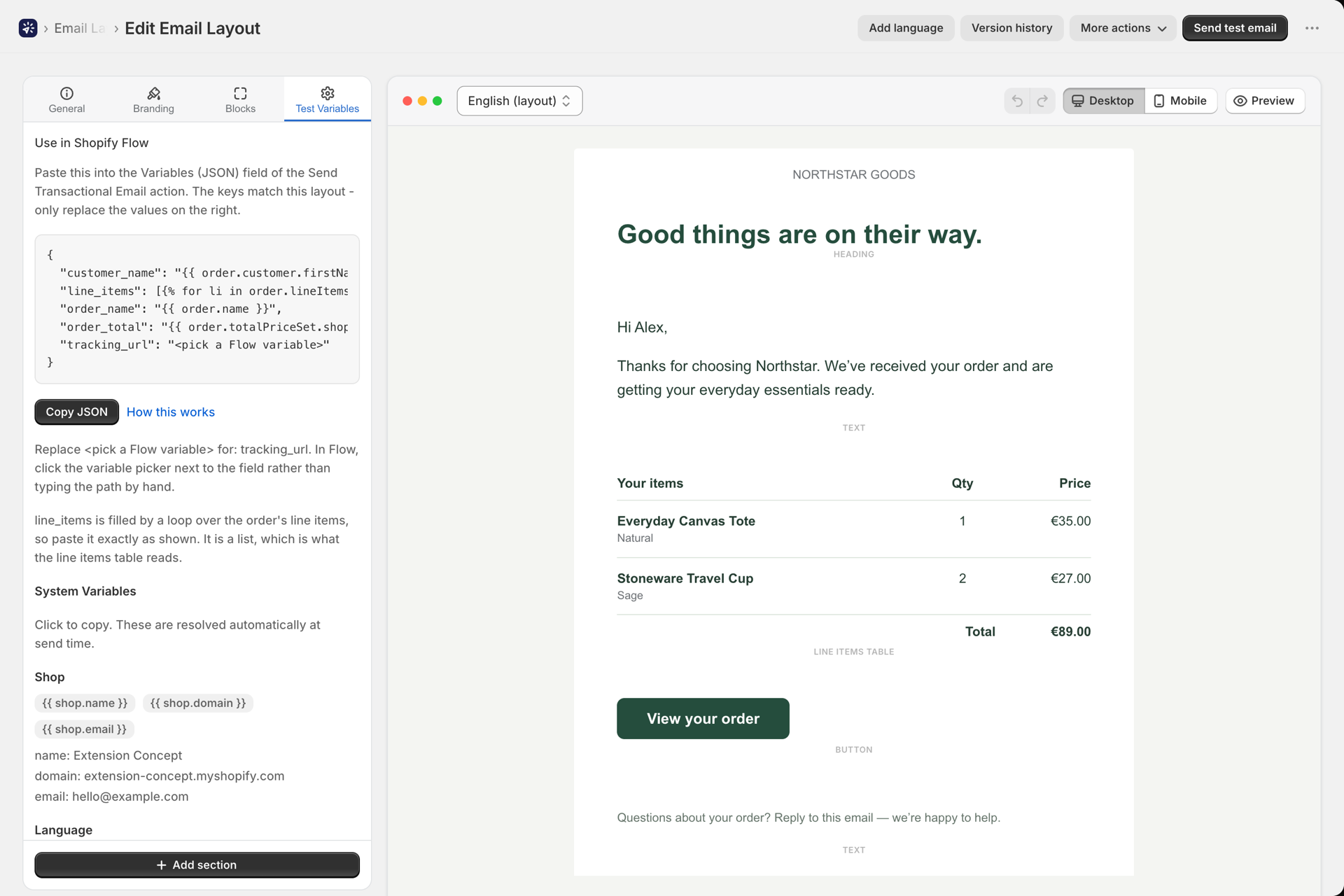 The Test Variables tab of a layout with the Use in Shopify Flow panel and its Copy JSON button