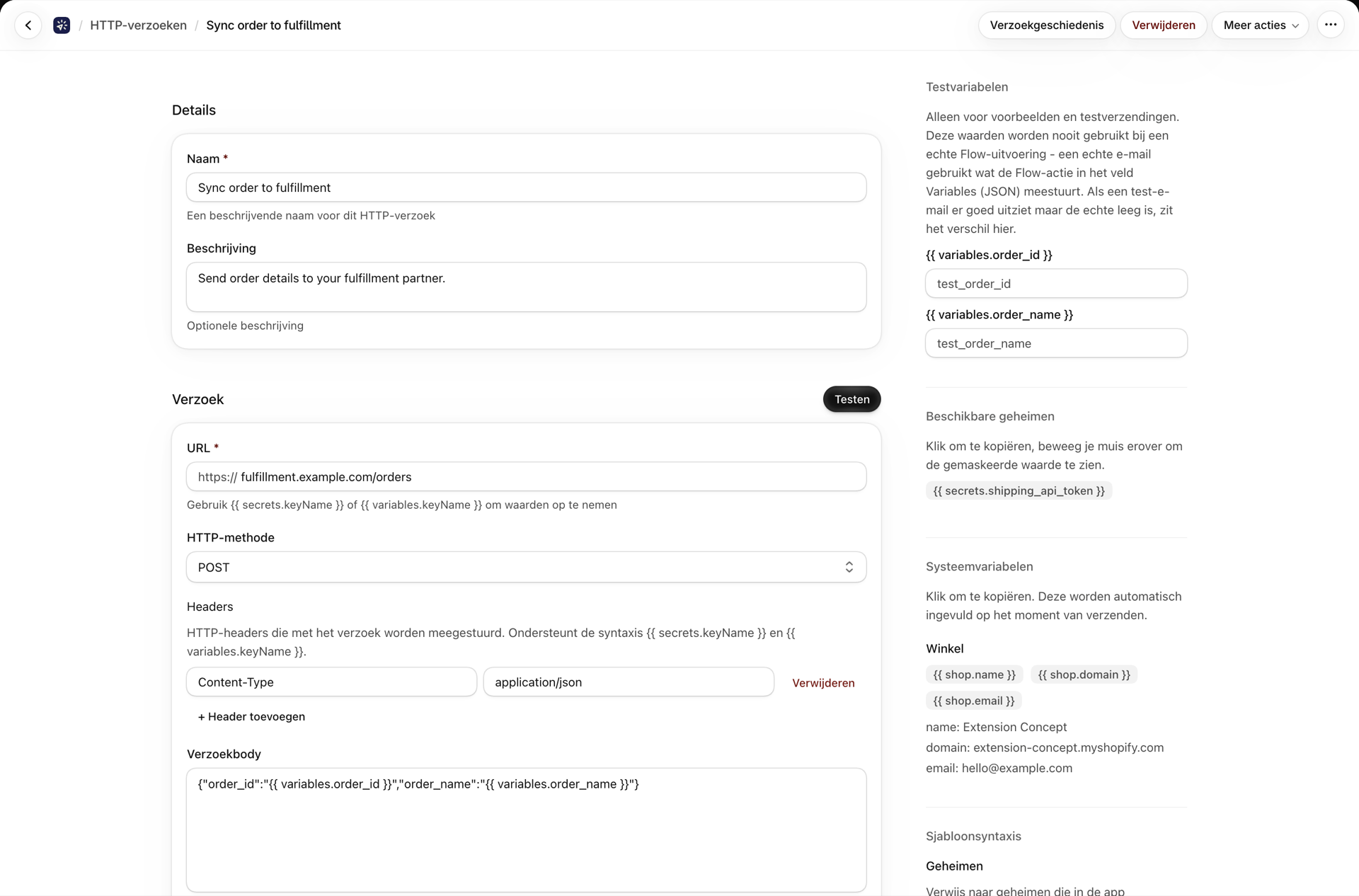De HTTP-verzoekeditor met methode, URL, headers en body
