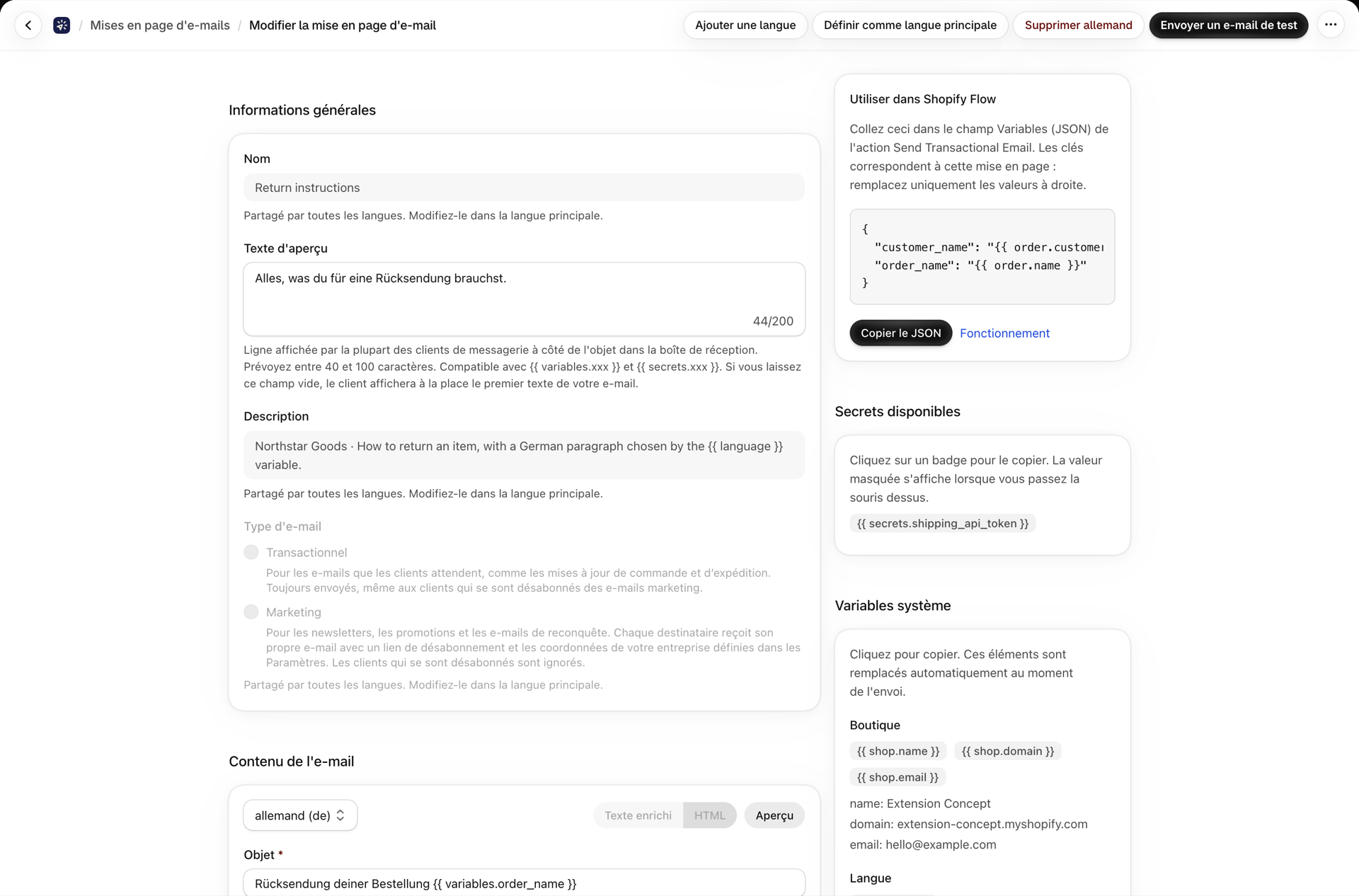 La version allemande d'une mise en page en texte enrichi : même écran, nom et description en lecture seule, objet et corps du message en allemand