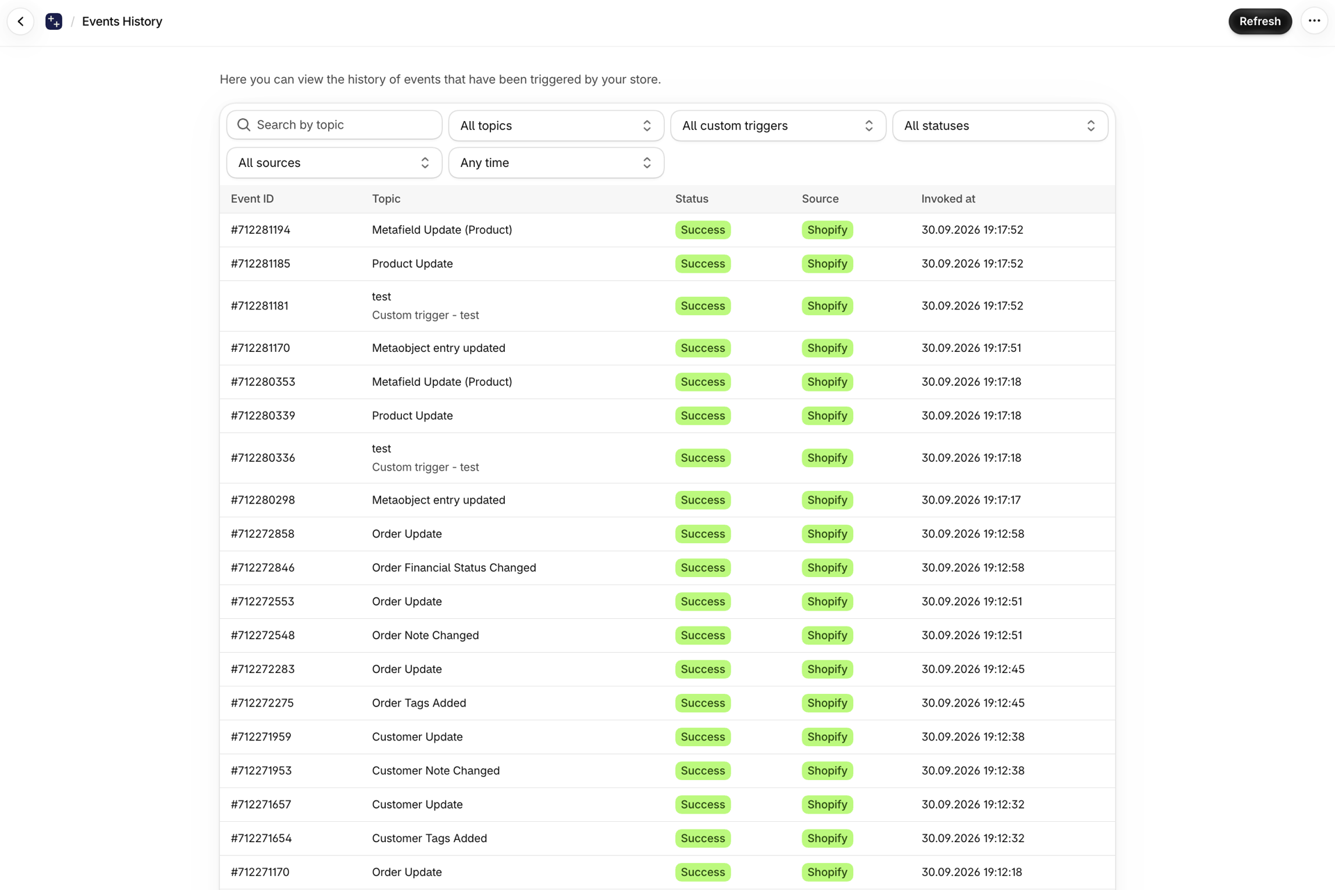 The app's Event History page listing fired triggers with their status