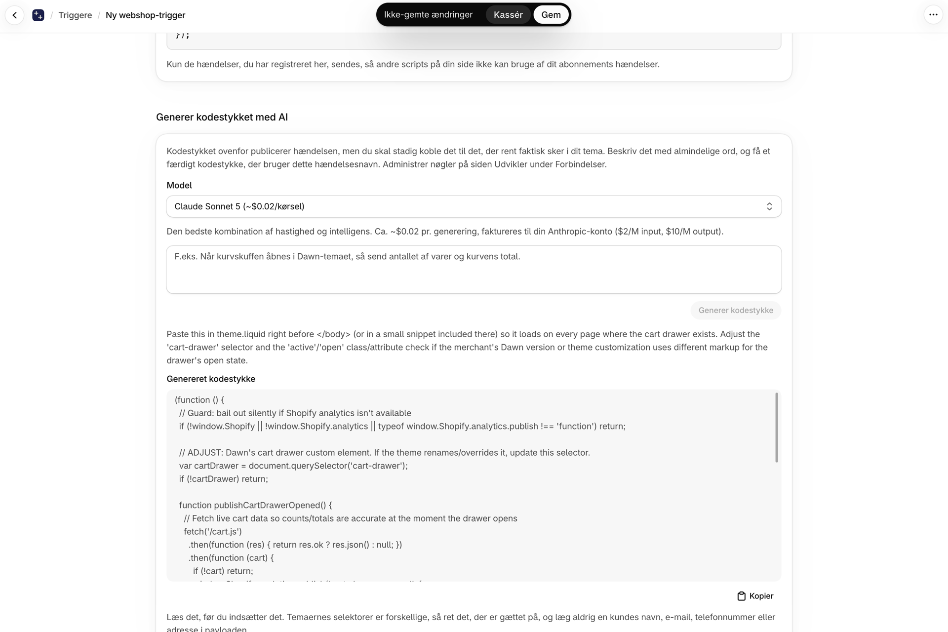 Kortet »Generer kodestykket med AI« fra en »Webshop«-udløser med et genereret kodestykke til Dawn-indkøbskurven og en bemærkning om, hvor det skal indsættes
