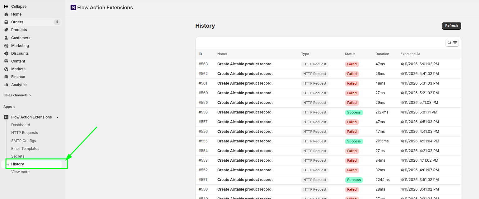 The History list showing the request