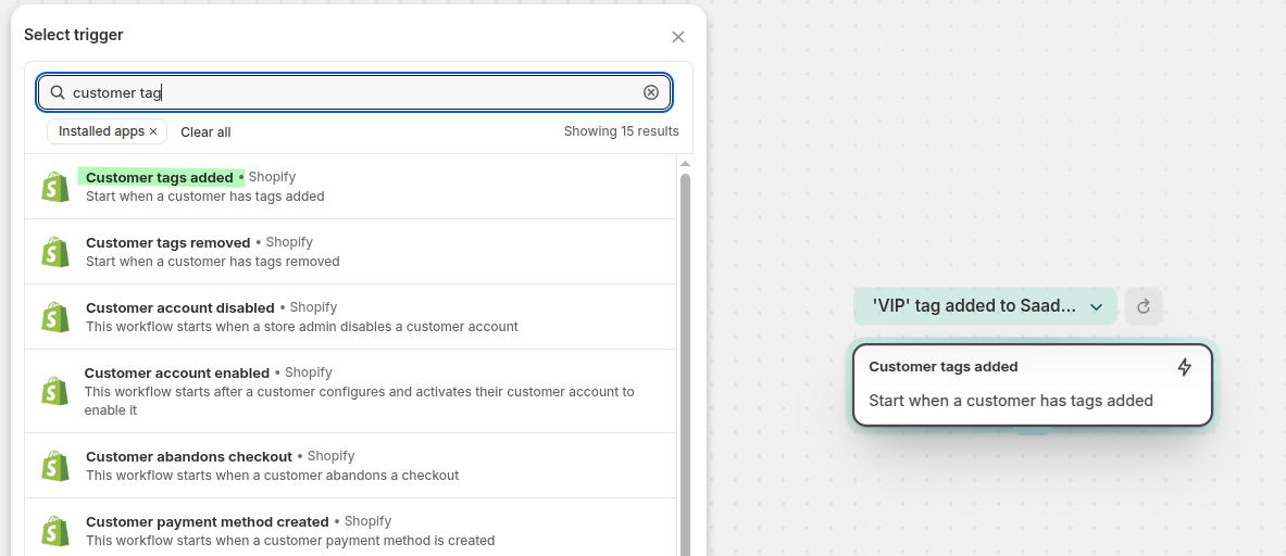 A Shopify Flow workflow using a customer tag trigger