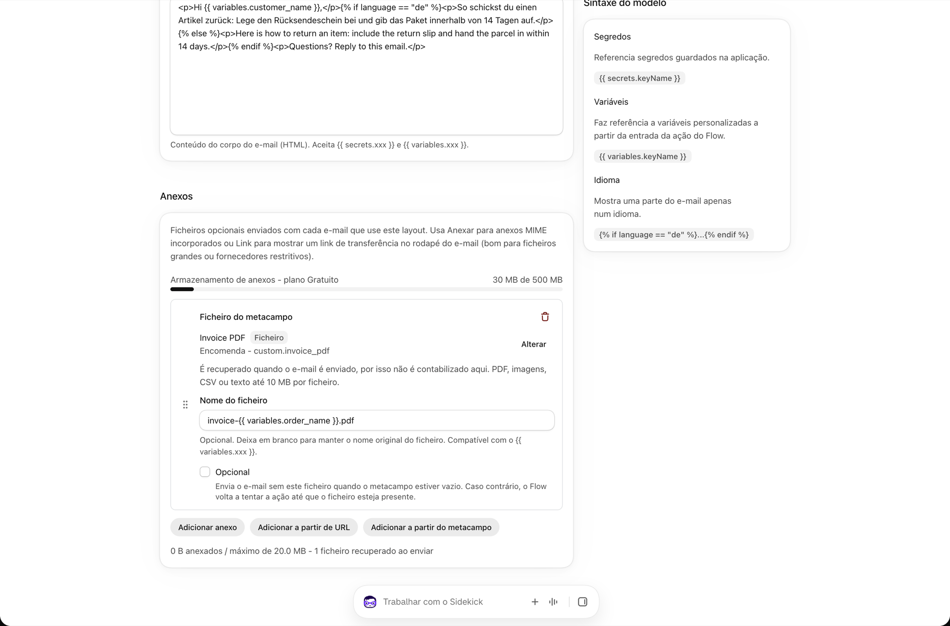 O cartão «Anexos» de um layout de texto rico com os botões «Adicionar anexo», «Adicionar a partir de URL» e «Adicionar a partir de metacampo»