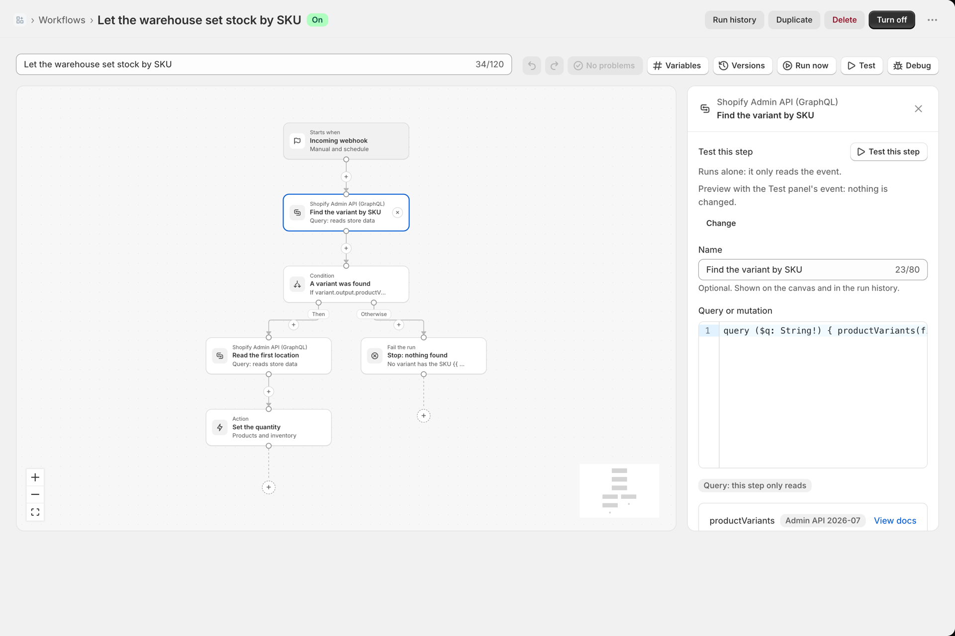 The side panel of the step Find the variant by SKU: a Shopify Admin API (GraphQL) query editor, the badge Query: this step only reads and the start of the docs box for productVariants