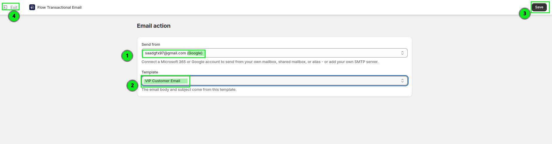 The Send Transactional Email configuration with a Google sender and template selected