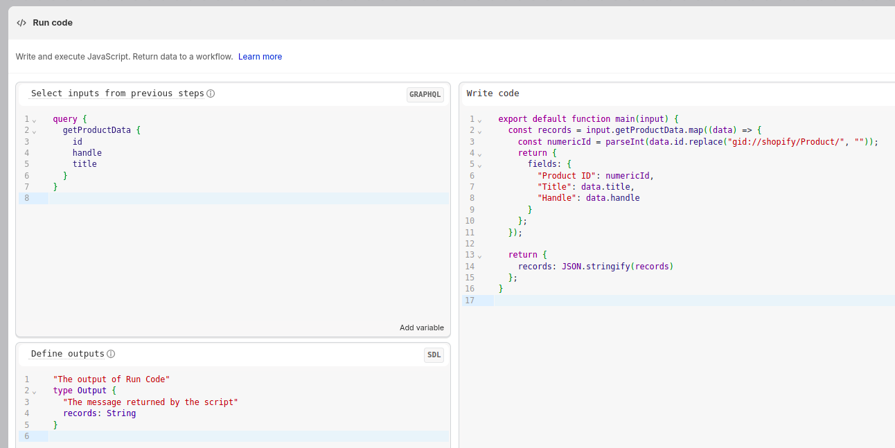 Configuring the Run code step