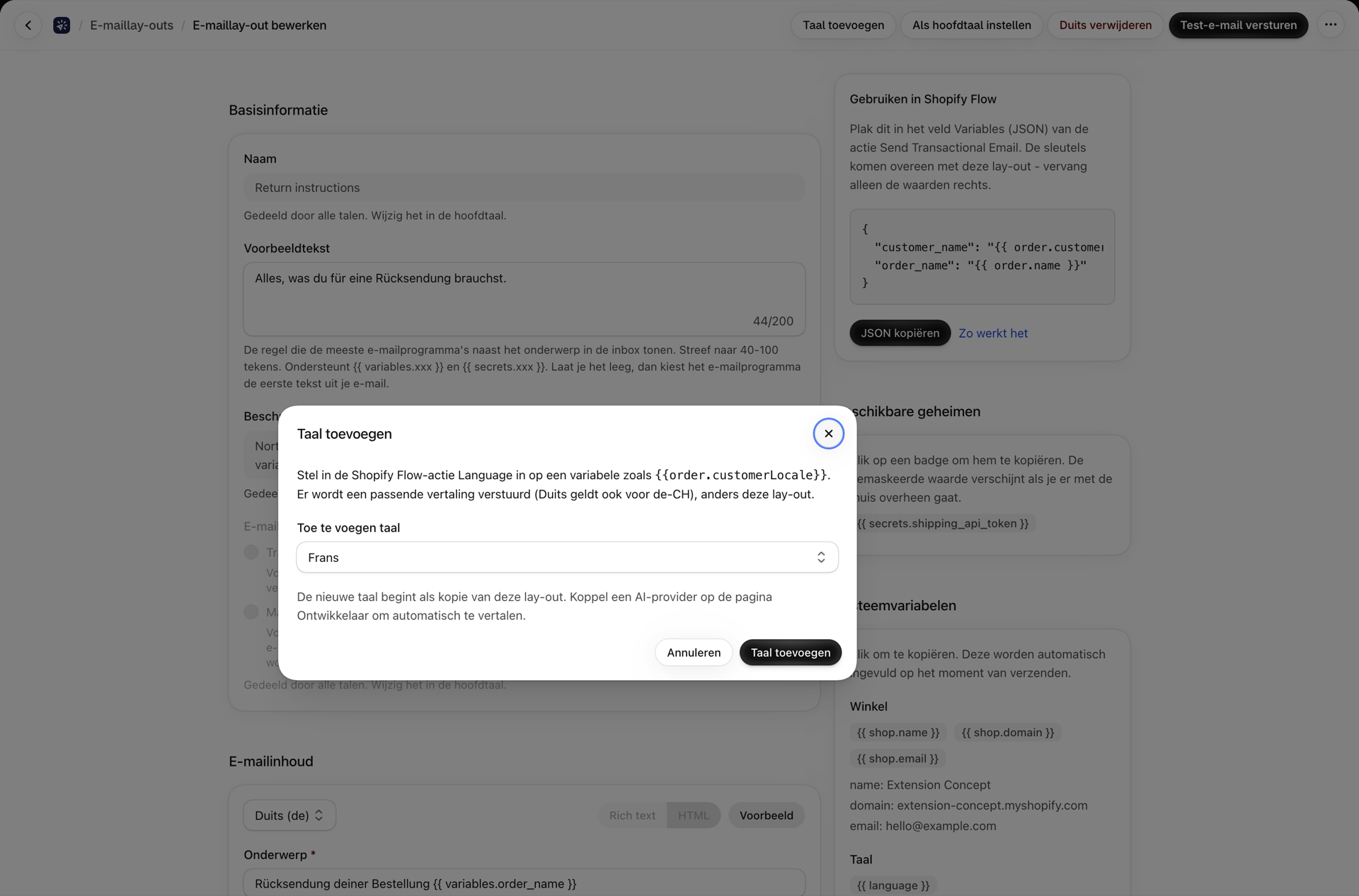Het dialoogvenster ‘Taal toevoegen’ van een e-mailopmaak waarbij Duits is geselecteerd