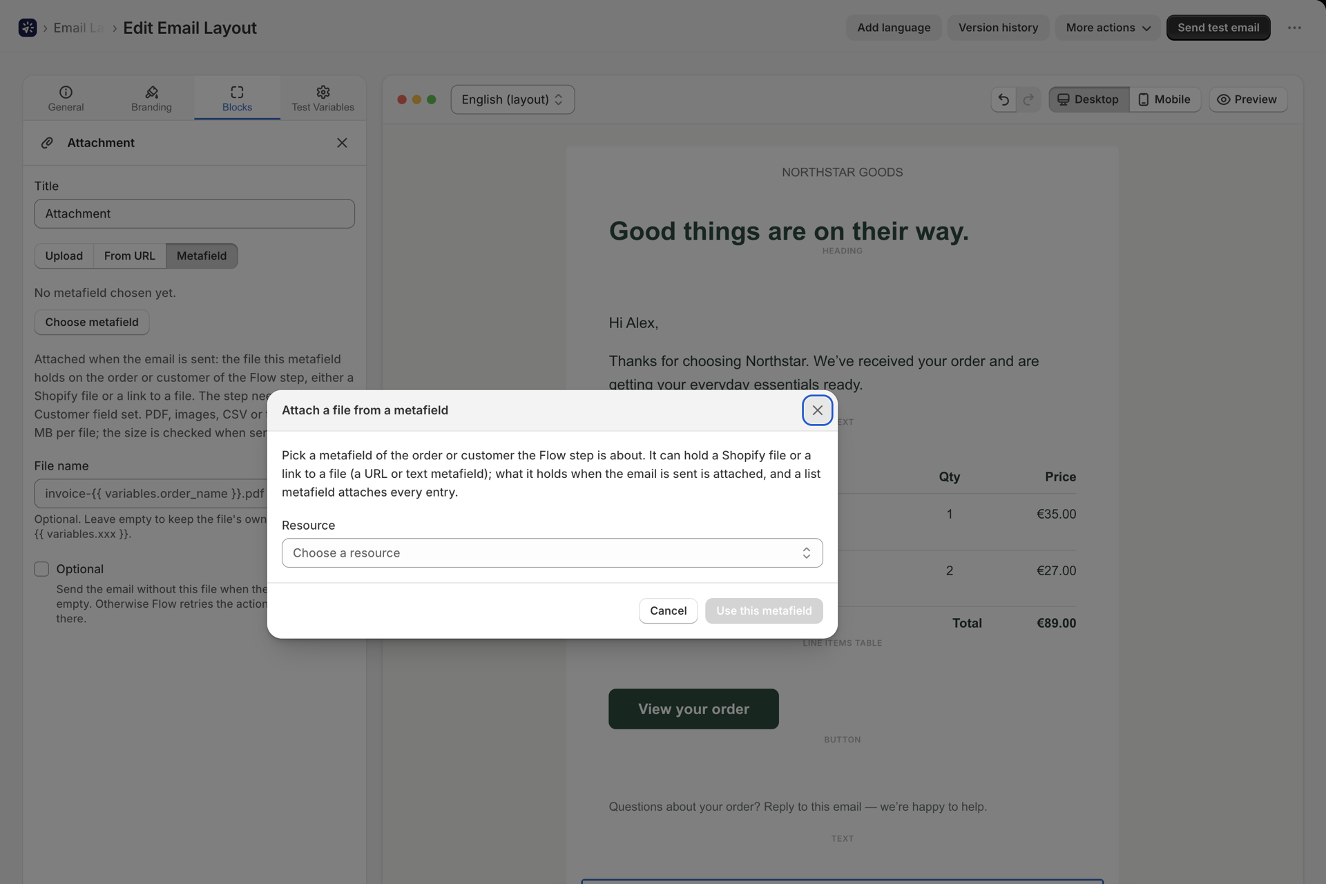 The dialog Attach a file from a metafield with the Resource select for Order or Customer