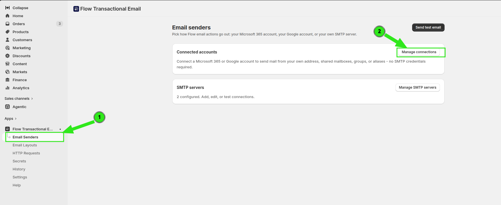 The Email Senders page with the Manage connections button