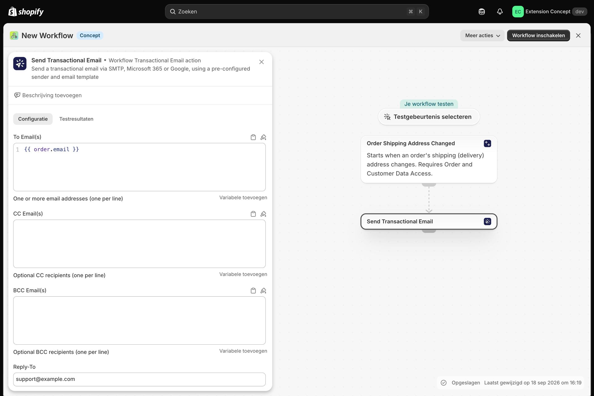 Een Shopify Flow-workflow: een trigger gevolgd door de actie ‘Transactioneel e-mailbericht verzenden’