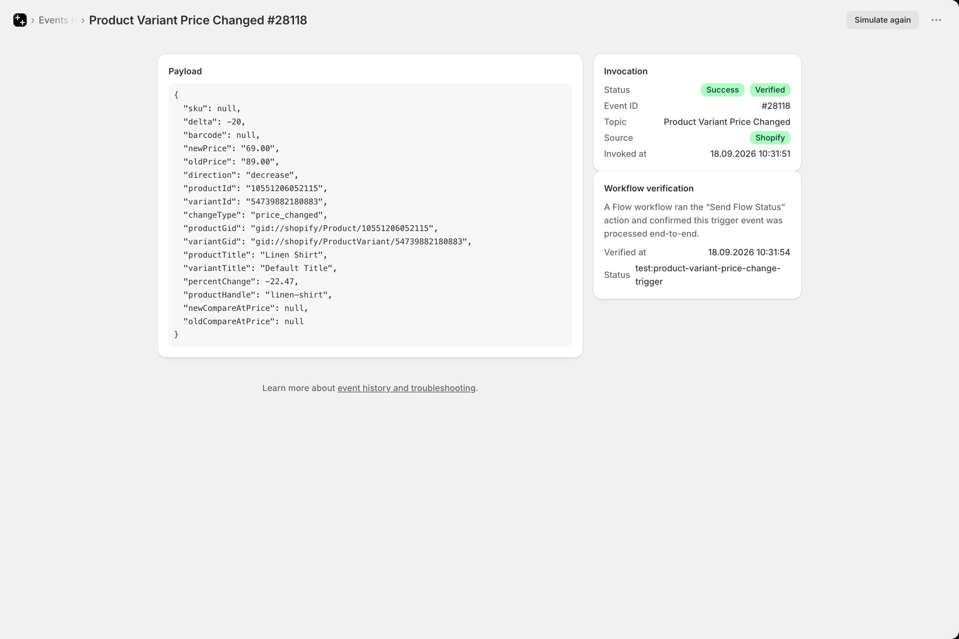 An event opened in Event History: a price change from 89.00 to 69.00 with delta, percentChange and direction