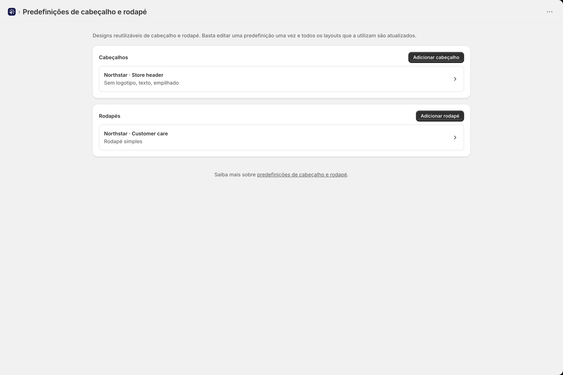 A página “Cabeçalho e Rodapé” que lista as predefinições compartilhadas