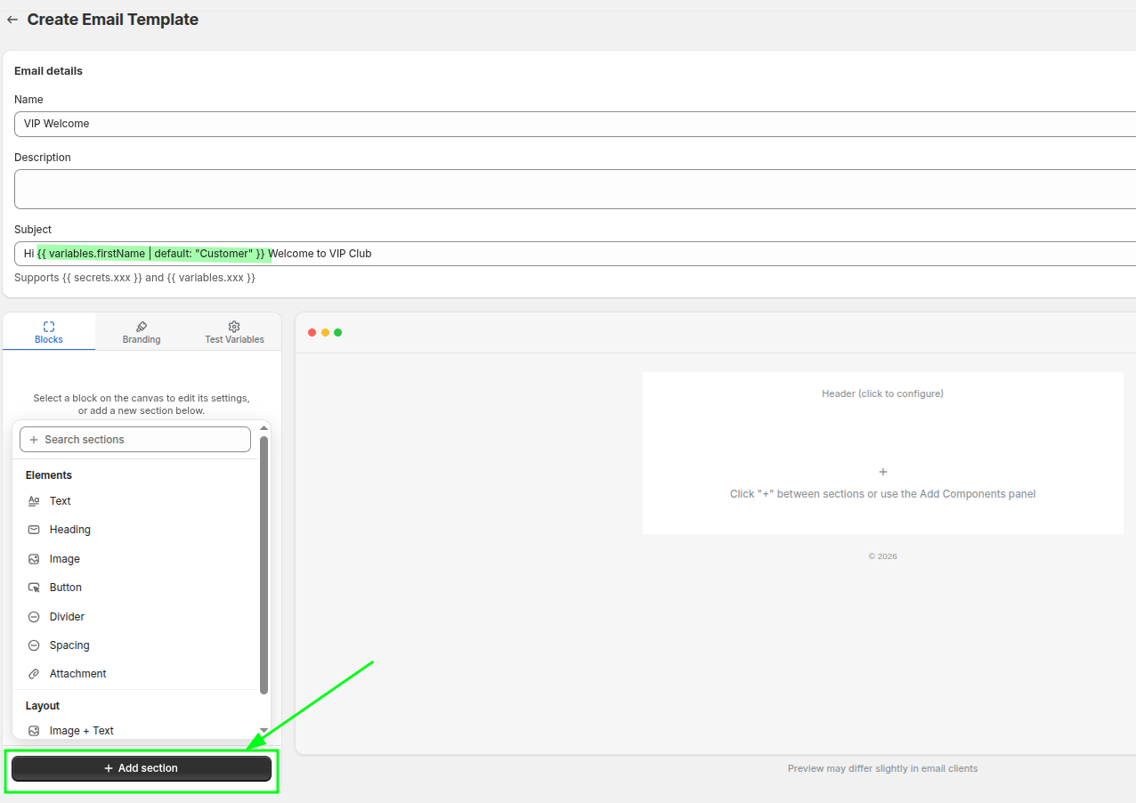 Choosing blocks in the email designer