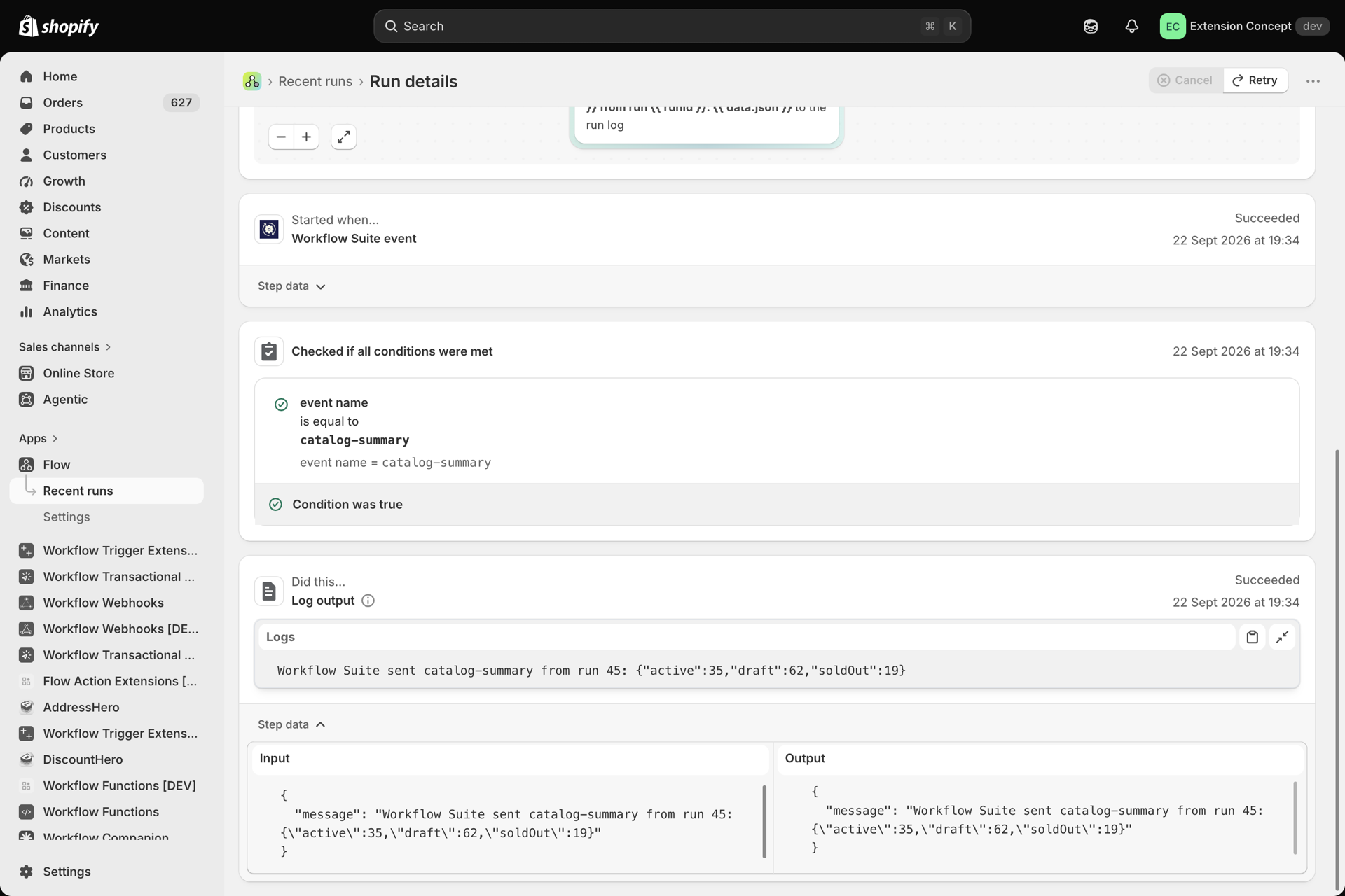 The Shopify Flow run started by that event: the condition event name is equal to catalog-summary was true, and Log output logged Workflow Suite sent catalog-summary from run 45 with the counts 35 active, 62 draft and 19 sold out
