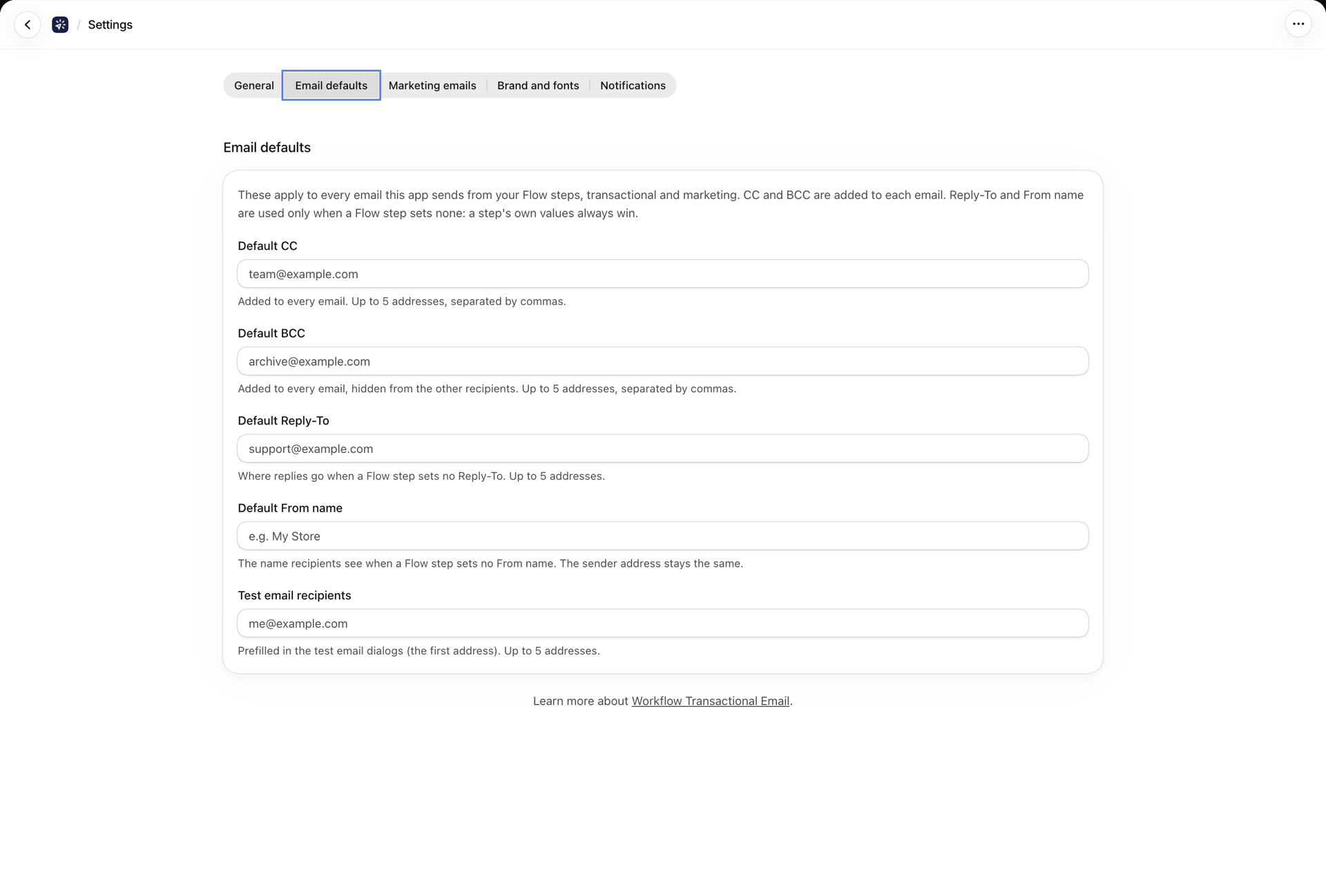 The Email defaults tab with default CC, BCC, Reply-To, From name and test email recipients