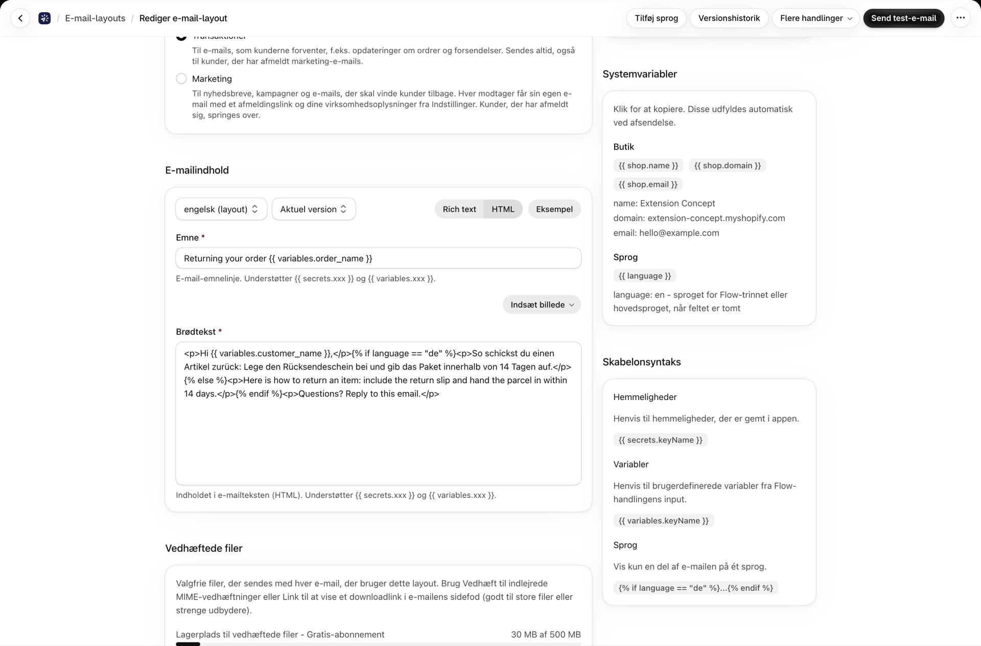 Et HTML-layout, hvor body-elementet bruger »if language equals de«, ved siden af kortet »Systemvariabler«, der viser sprogvariablen