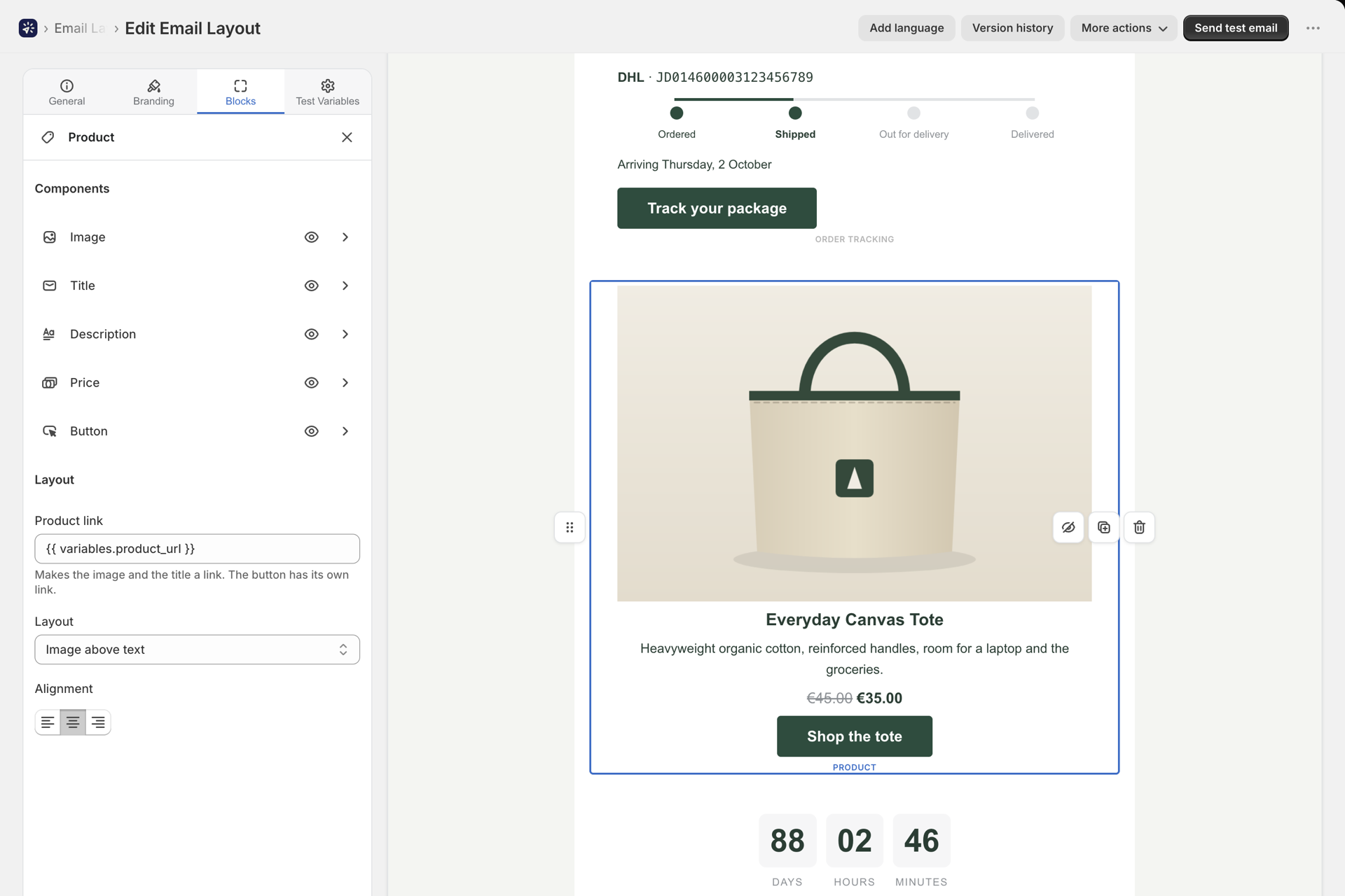 The product block selected in the visual builder, its settings panel listing the parts Image, Title, Description, Price and Button