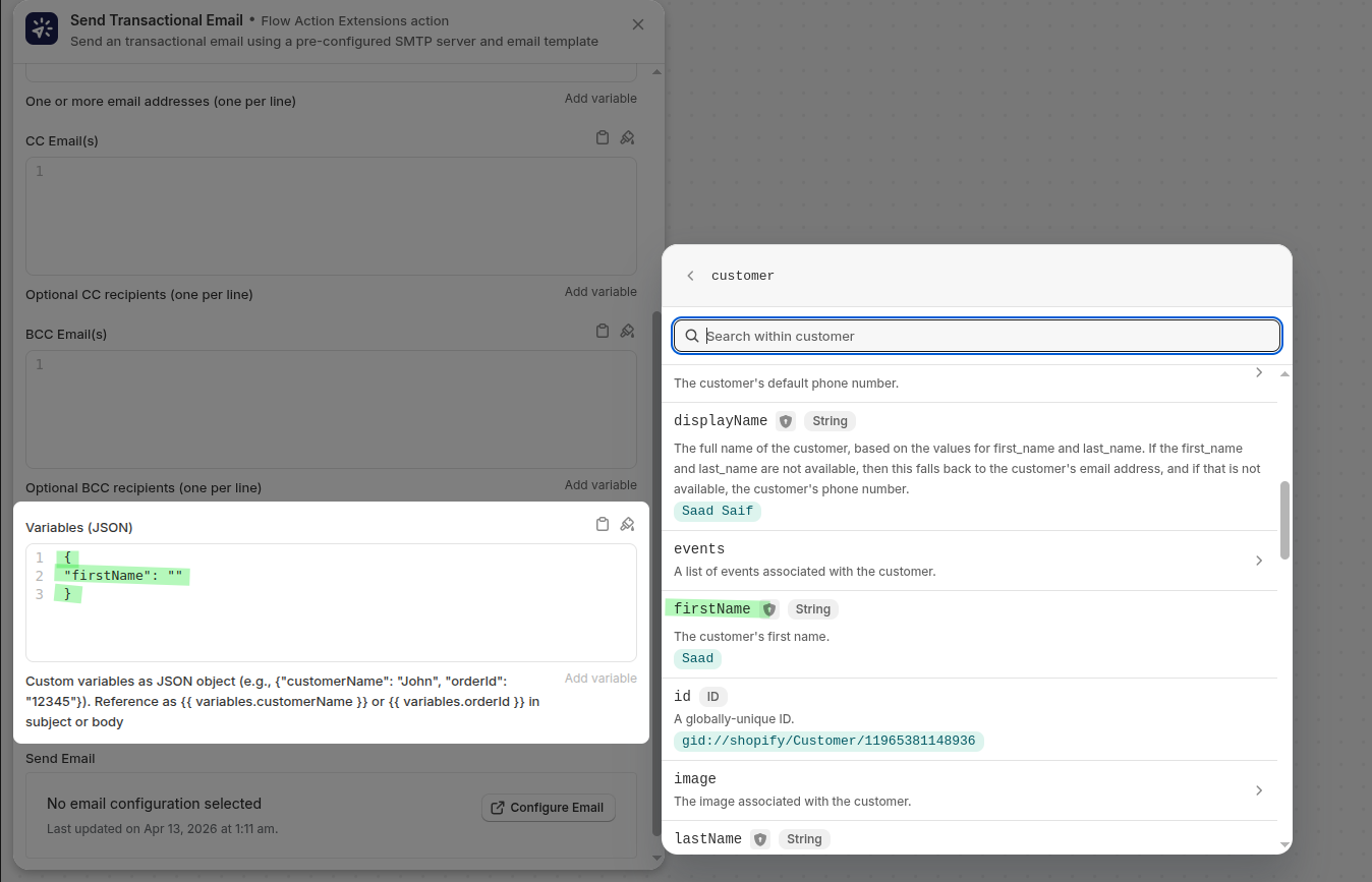 Passing customer data as JSON variables