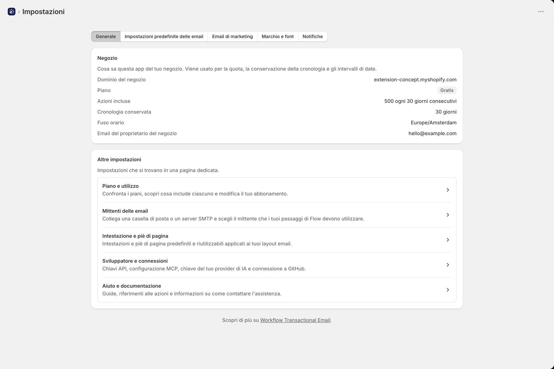 La scheda "Generale" delle Impostazioni, contenente le informazioni relative ai negozi e i collegamenti alle altre pagine delle impostazioni