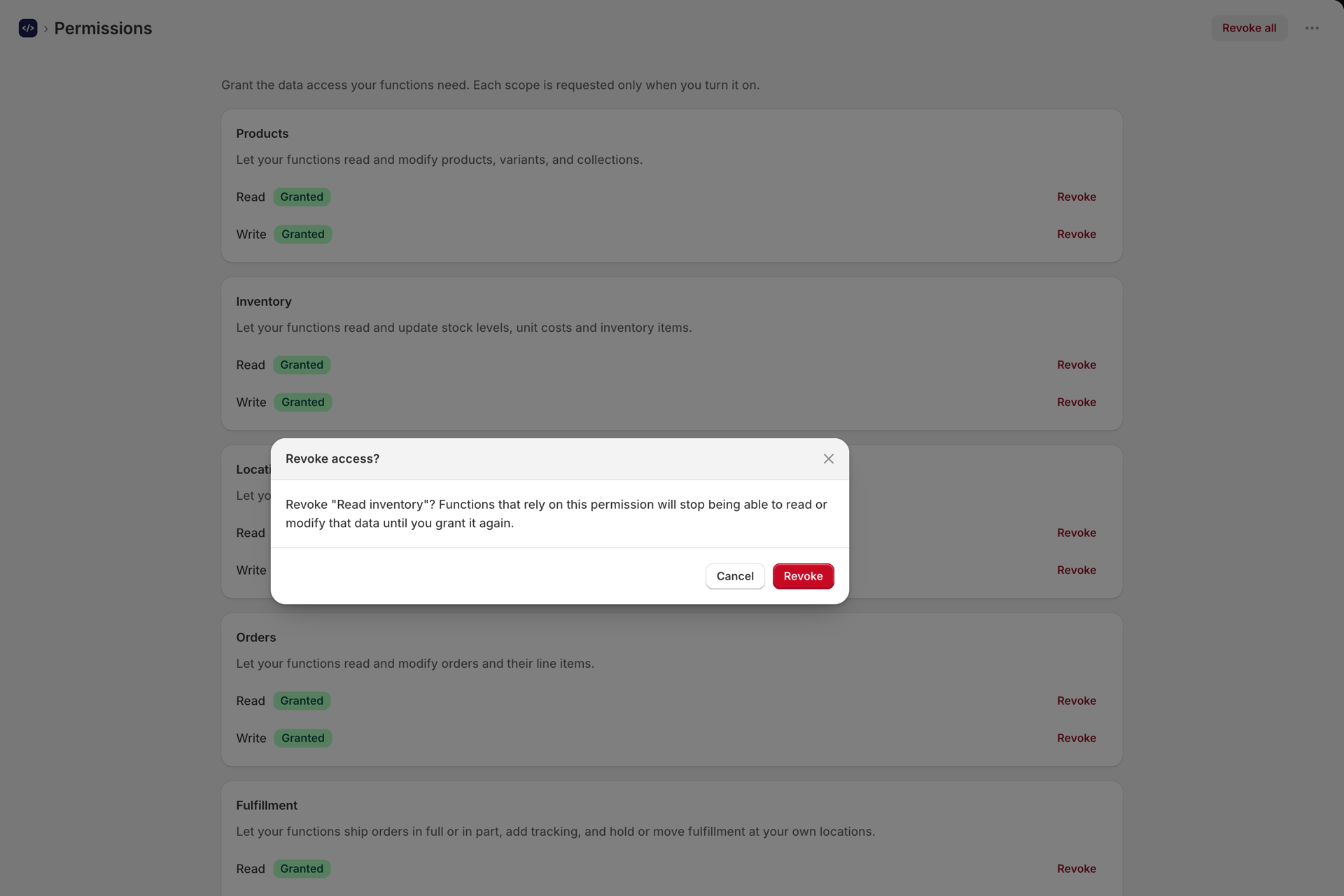 The Revoke access dialog asking to confirm revoking Read inventory
