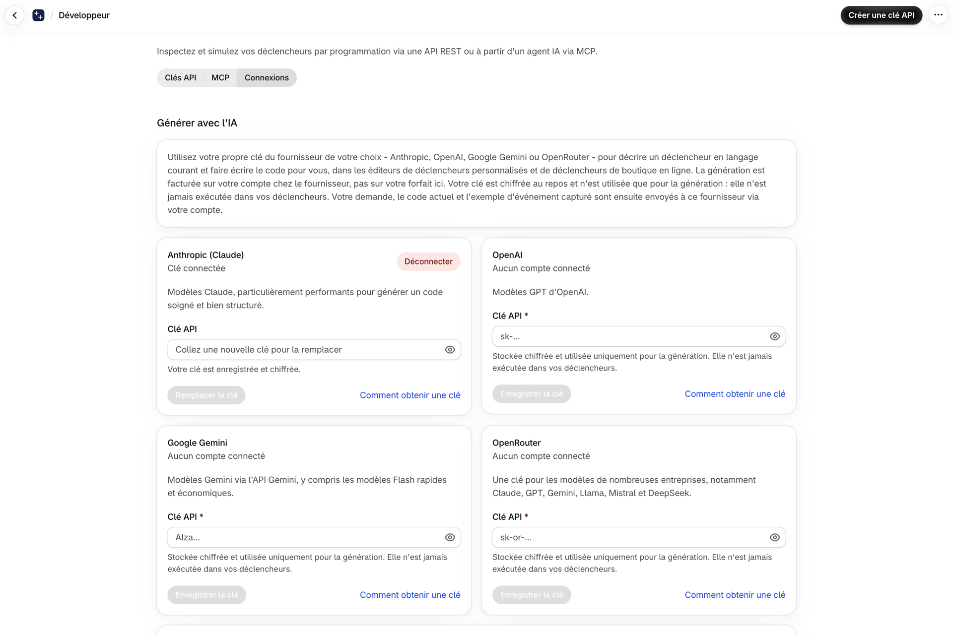 L'onglet « Connexions » de la page « Développeur », avec des fiches consacrées à Anthropic, OpenAI, Google Gemini et OpenRouter ; Anthropic apparaît comme « Connecté »