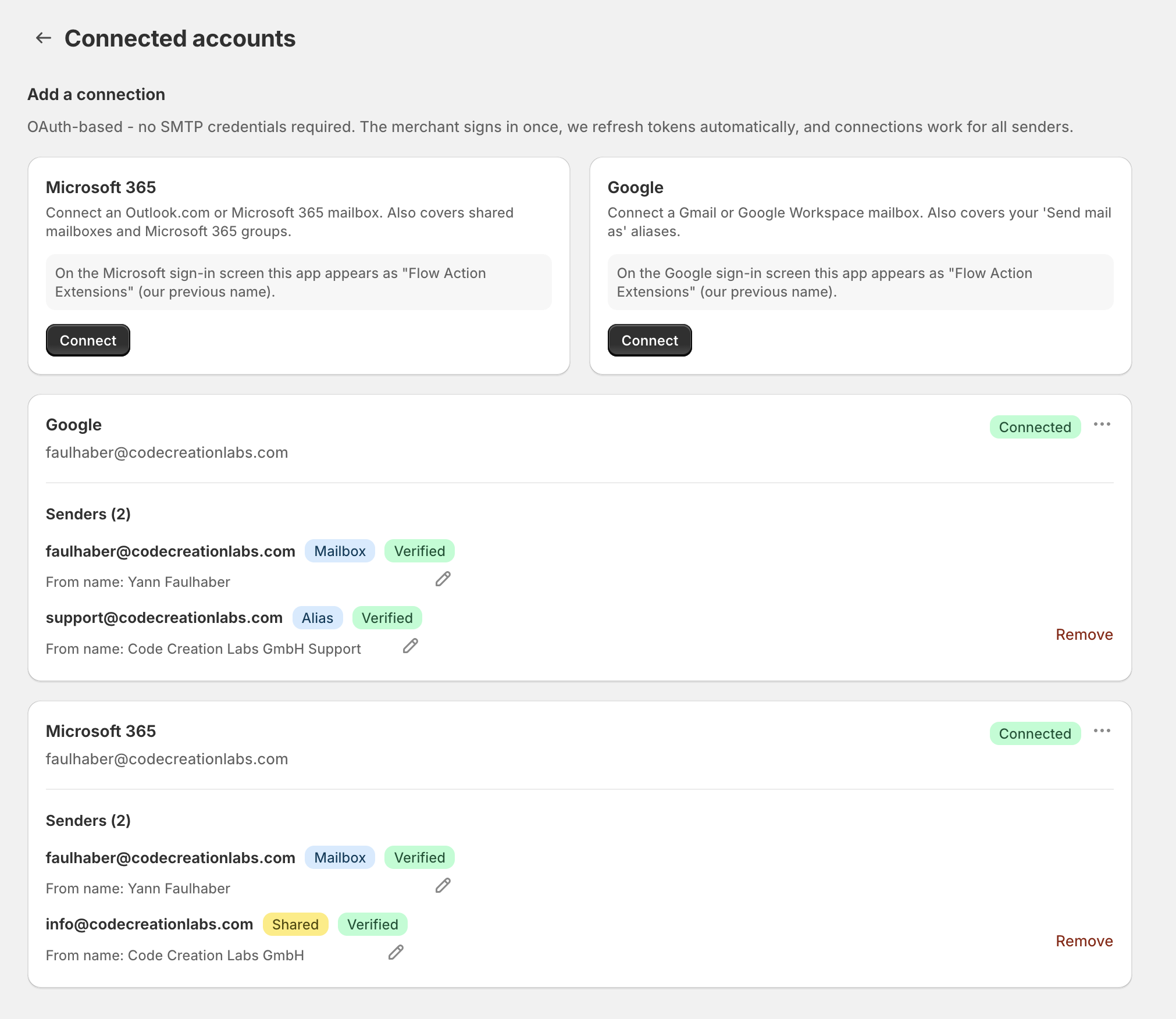 The Connected accounts page with Microsoft 365 and Google connected