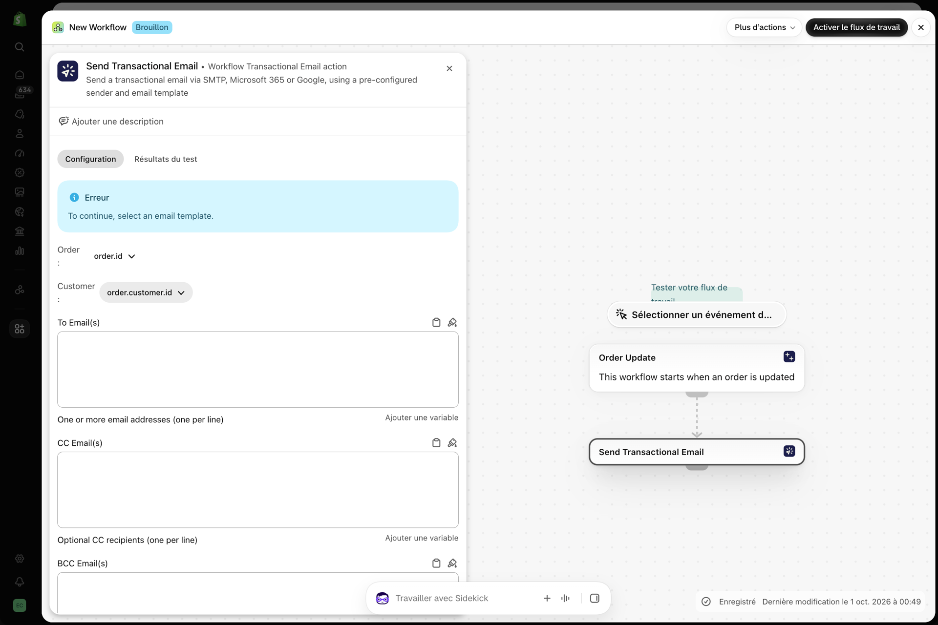 Une étape « Envoyer un e-mail transactionnel » récemment ajoutée dans Shopify Flow, dont le champ « Commande » est défini sur « order.id » et le champ « Client » sur « order.customer.id », située au-dessus des champs « À », « Cc » et « Cci »