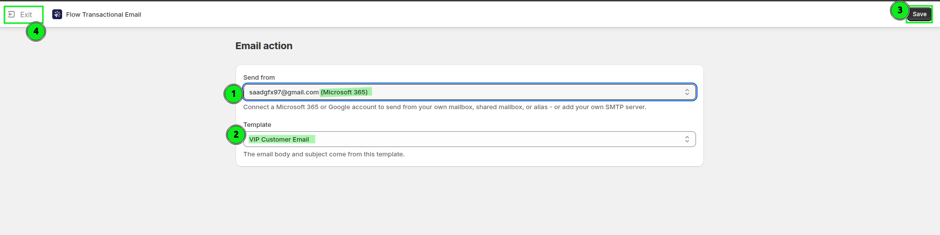 The email action screen with a Microsoft 365 sender and a template selected