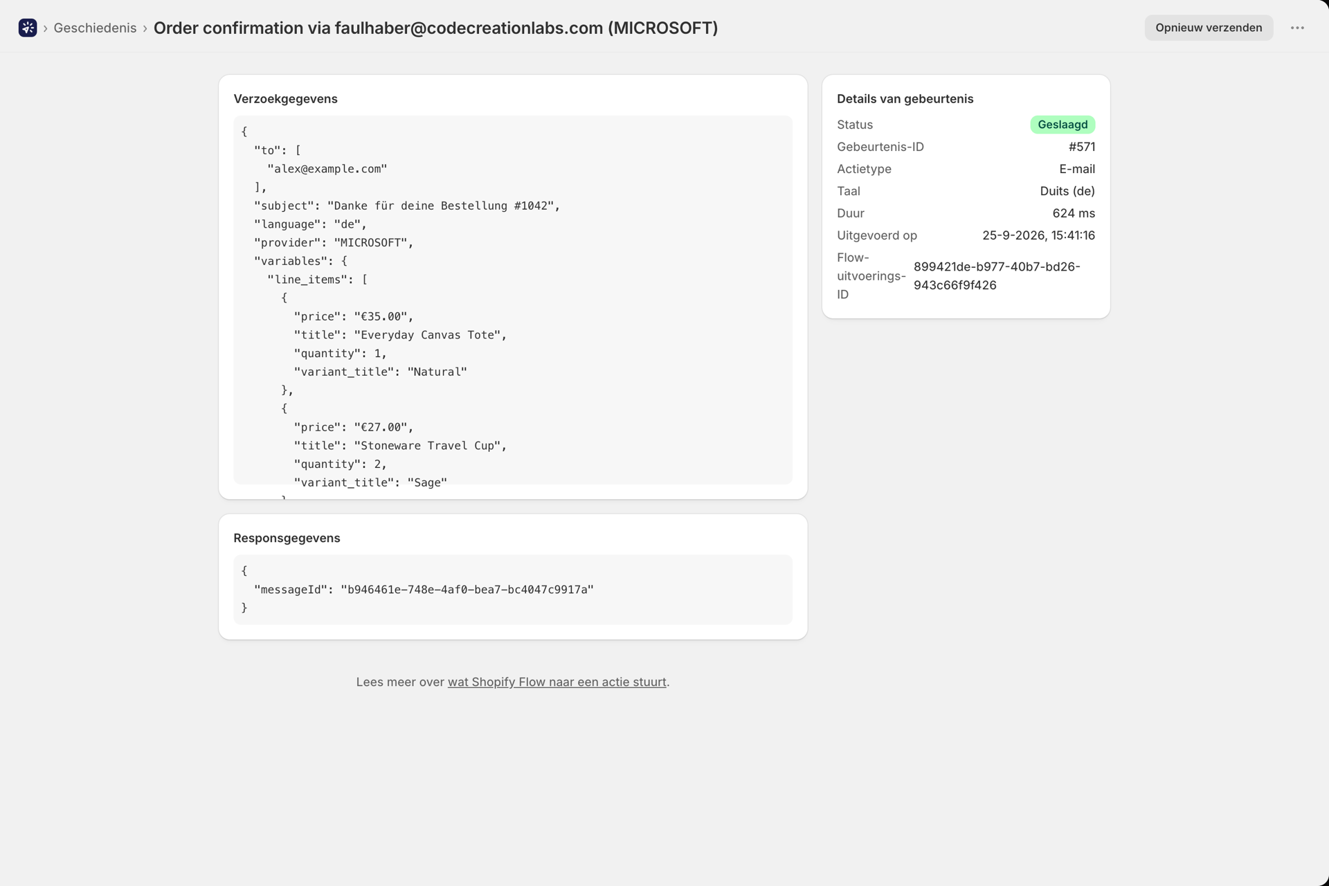 Een gebeurtenis in de geschiedenis van een verzonden e-mail, met de status, de duur en de taal ‘Duits’ onder ‘Gebeurtenisgegevens’