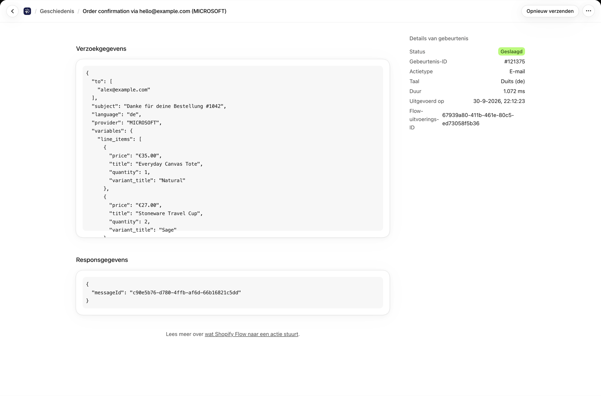 Een gebeurtenis in de geschiedenis van een verzonden e-mail, met de status, de duur en de taal ‘Duits’ onder ‘Gebeurtenisgegevens’