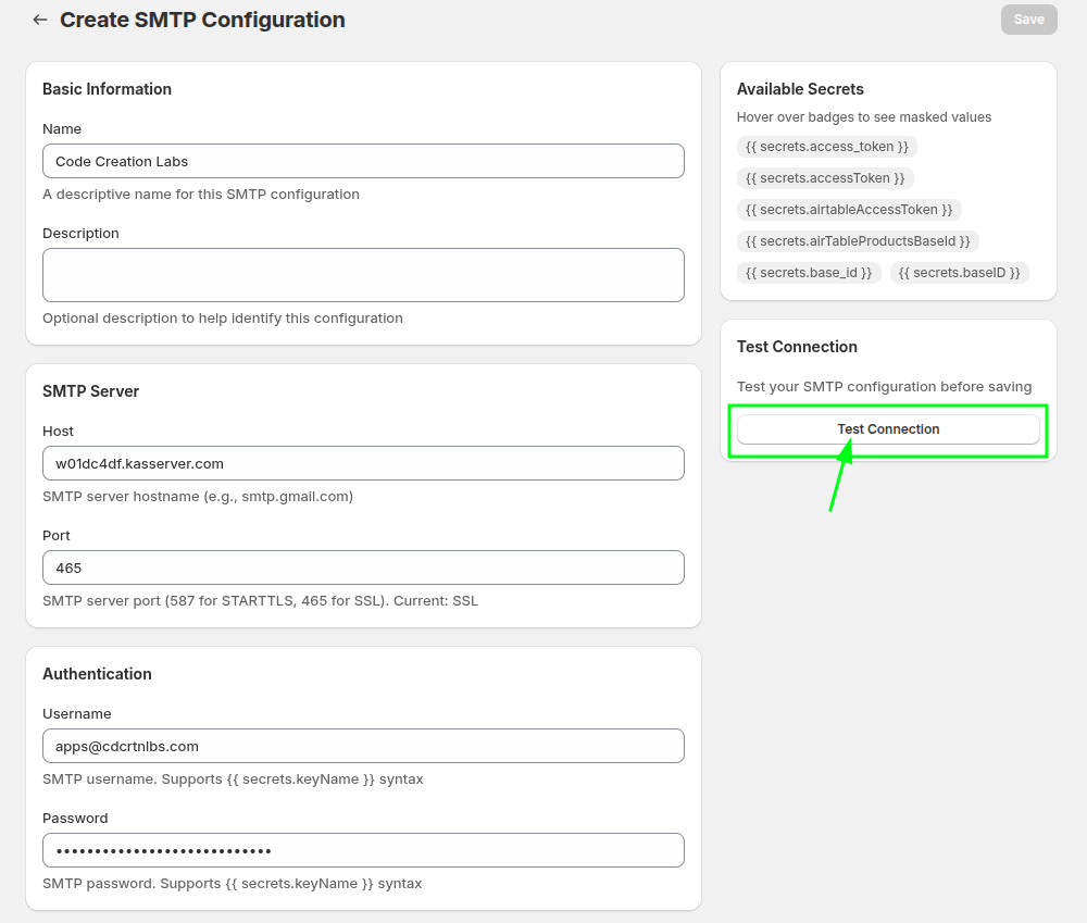 Entering SMTP host, port, username and password