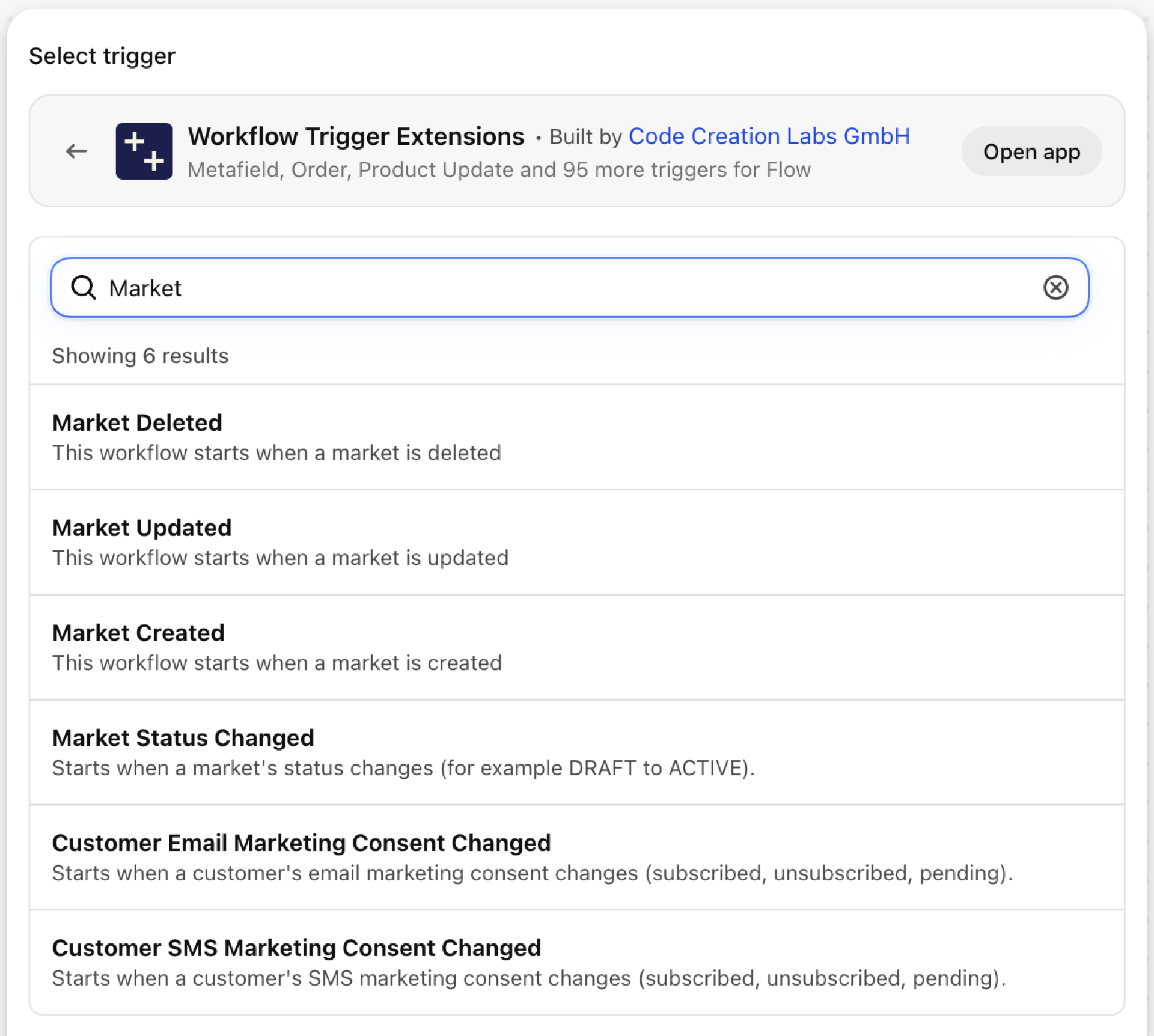 Shopify Flow's trigger picker inside Workflow Trigger Extensions, searched for Market