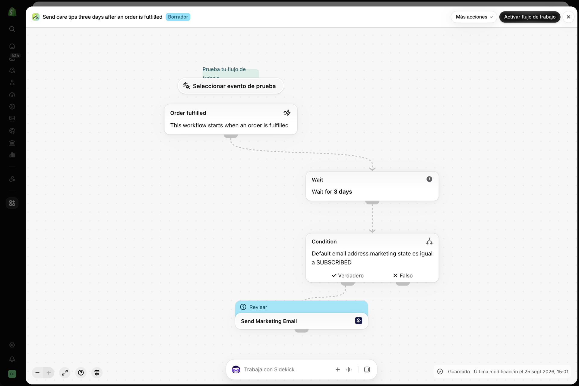 El flujo de trabajo en Shopify Flow: Enviar consejos de cuidado tres días después de que se haya completado un pedido