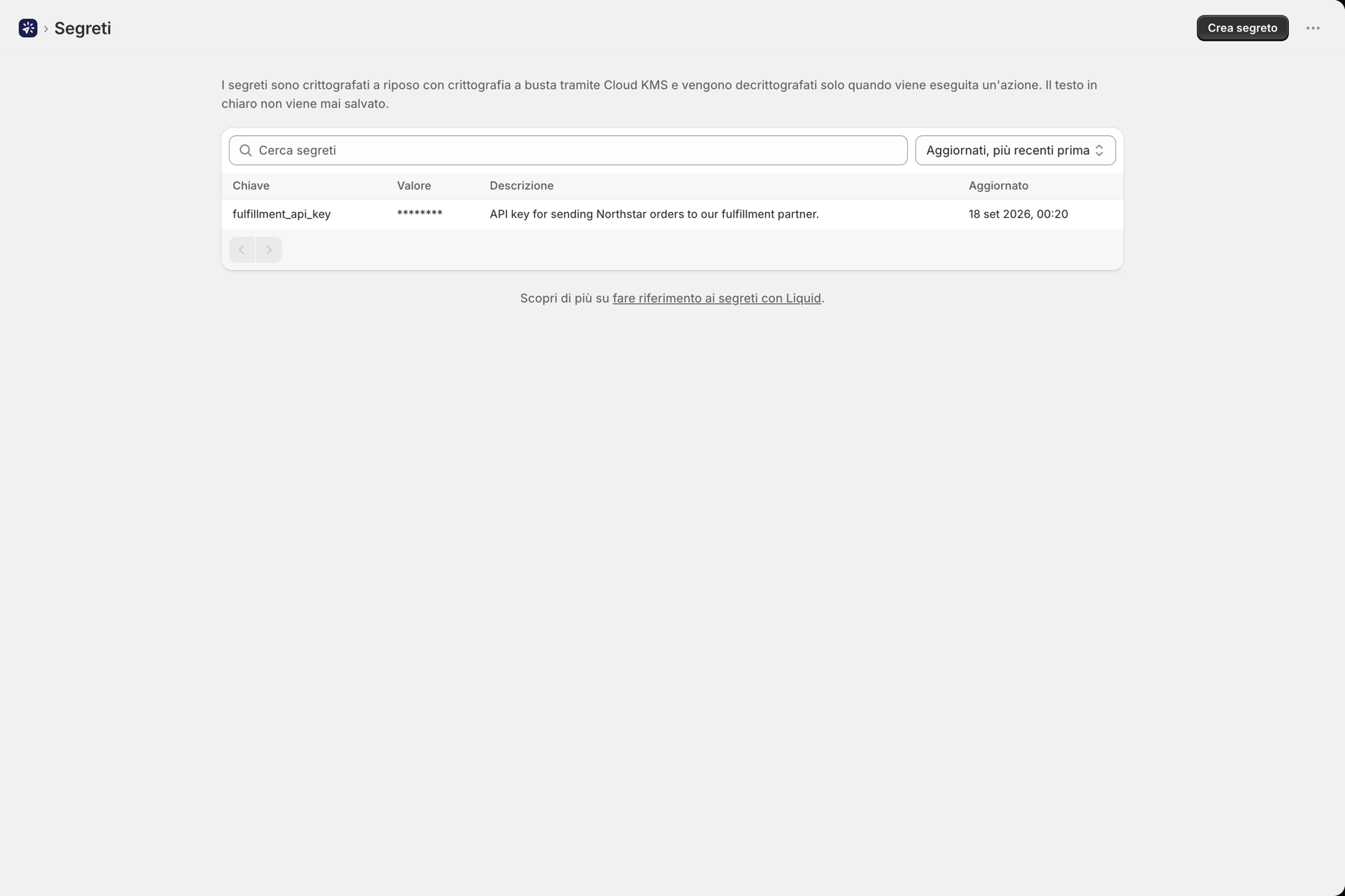 La pagina “Segreti” che elenca un segreto salvato con il relativo riferimento in Liquid