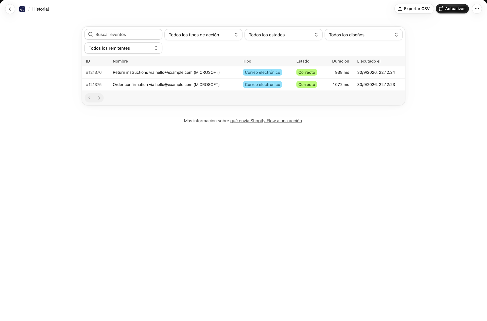 La página «Historial», con su campo de búsqueda, los filtros por tipo de acción, estado, diseño y remitente, y dos correos electrónicos enviados que aparecen en la lista