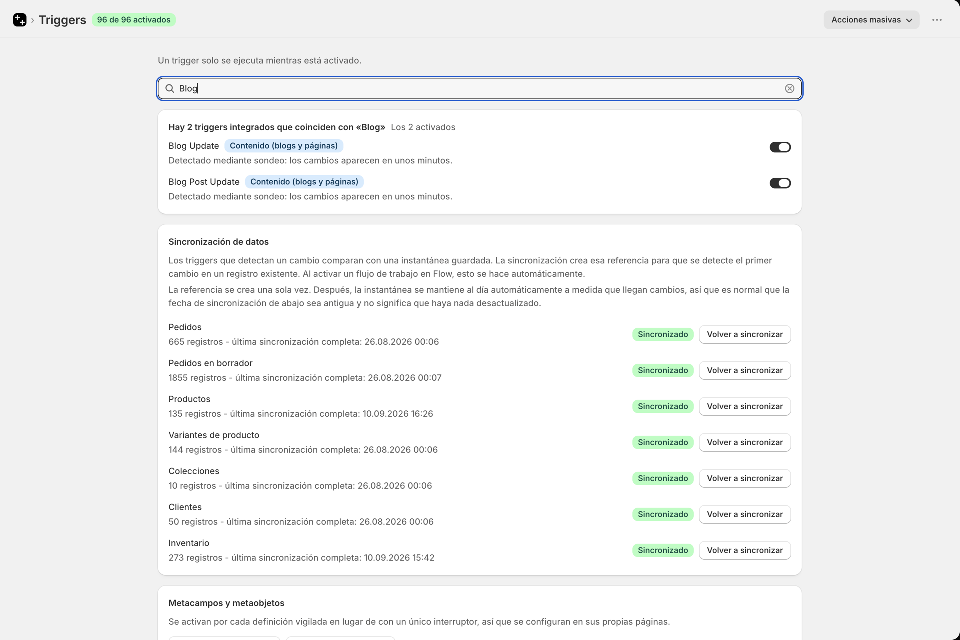 En la página «Activadores» se ha realizado una búsqueda con el término «Blog», con la opción «Actualización de entradas del blog» activada