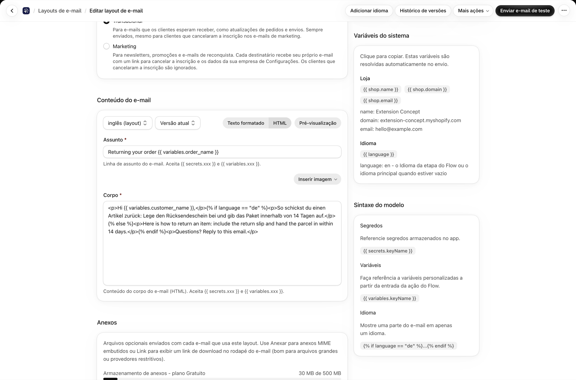 Um layout HTML cujo corpo utiliza a condição “if language equals de”, ao lado do cartão “Variáveis do sistema” que lista a variável de idioma