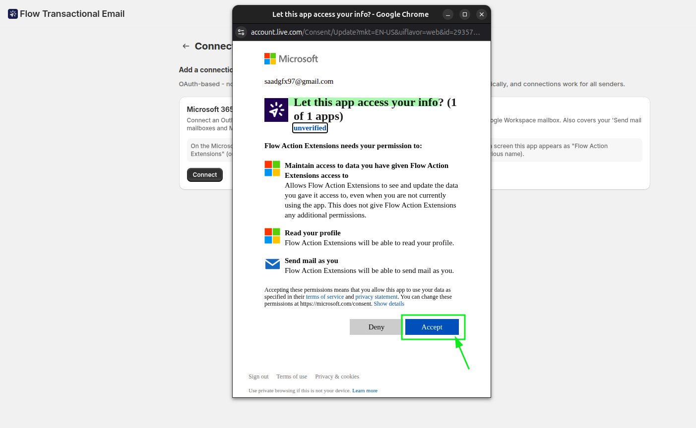 The Microsoft authorization window requesting permission