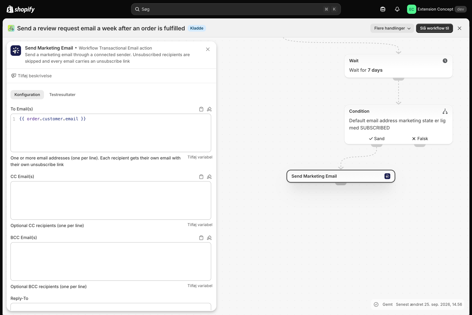 Handlingen »Send marketing-e-mail« i Shopify Flow, hvor »Til« er indstillet til kundens e-mailadresse, sprog og JSON-variablerne er udfyldt