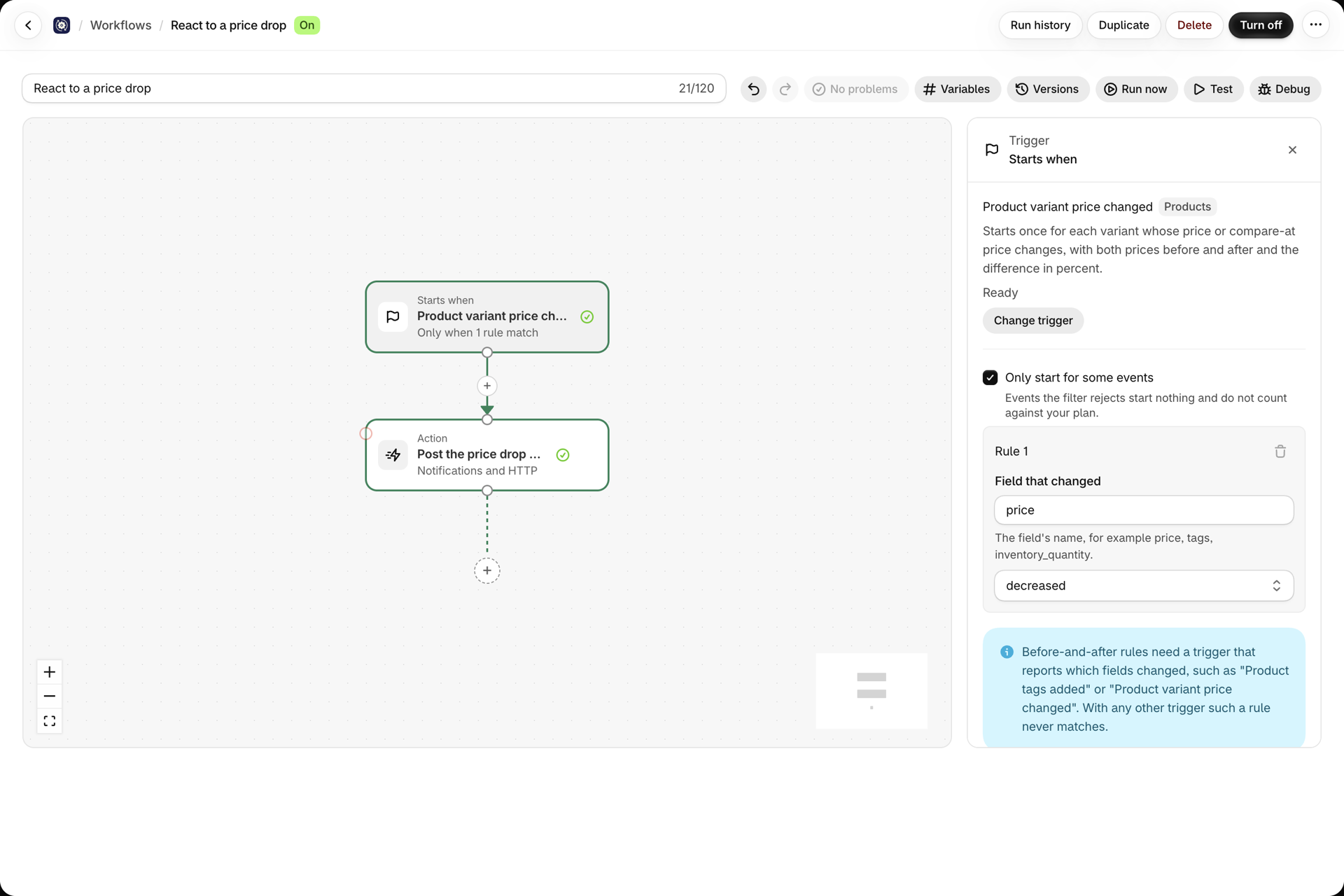 The workflow turned on: the On badge next to the name and the trigger panel of Product variant price changed reading Ready