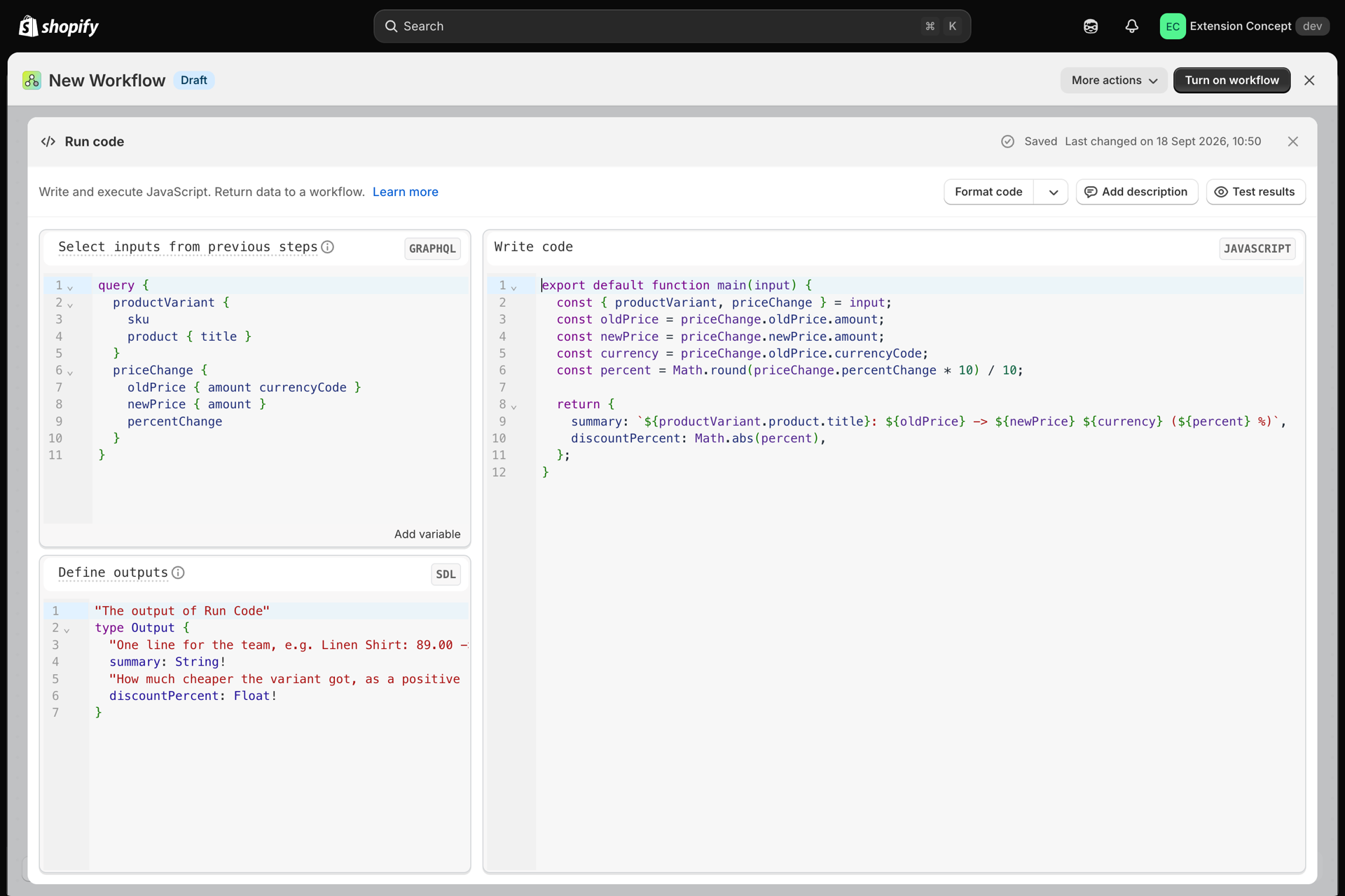 Flow's Run code step reading oldPrice, newPrice and percentChange from the trigger